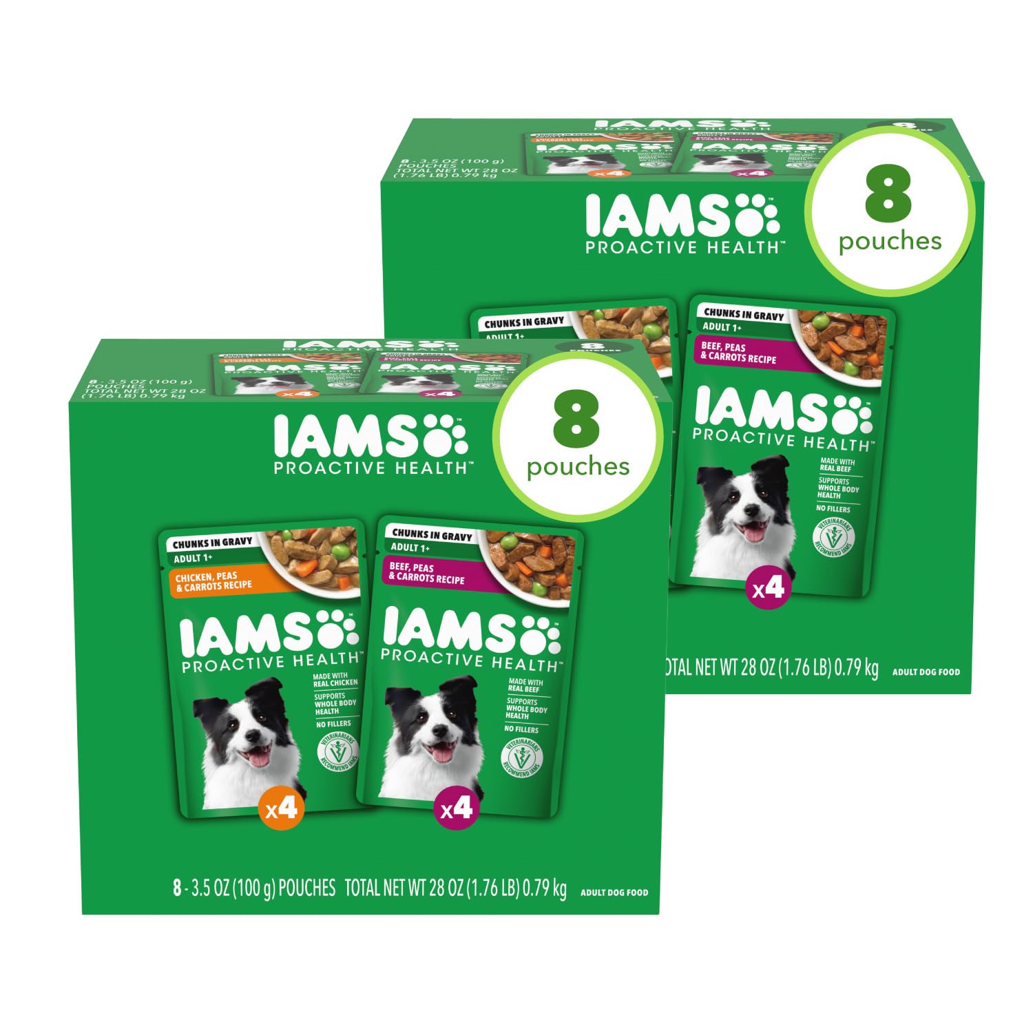 IAMS Proactive Health pack con ocho bolsitas, opción conveniente para comidas diarias.
