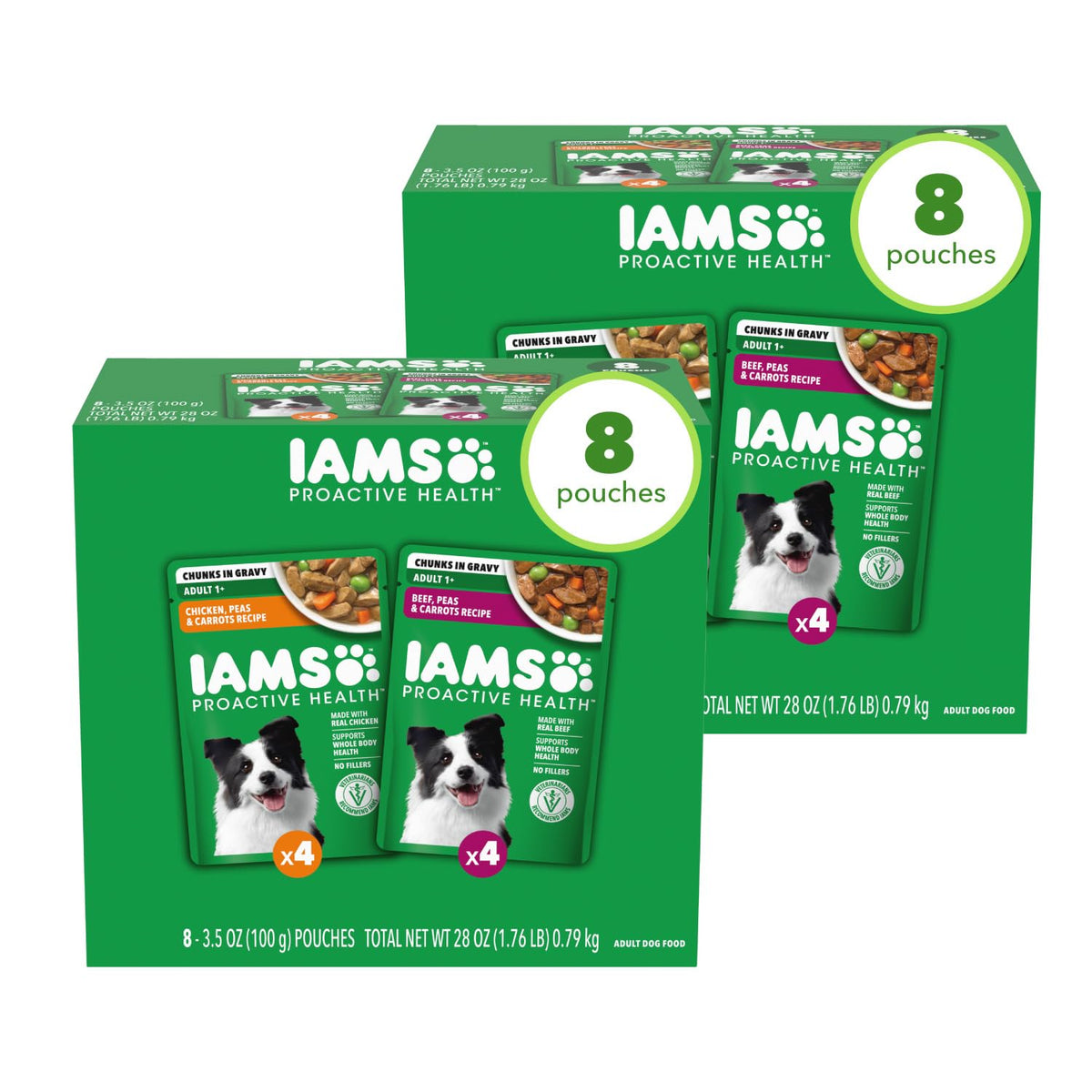 IAMS Proactive Health pack con ocho bolsitas, opción conveniente para comidas diarias.