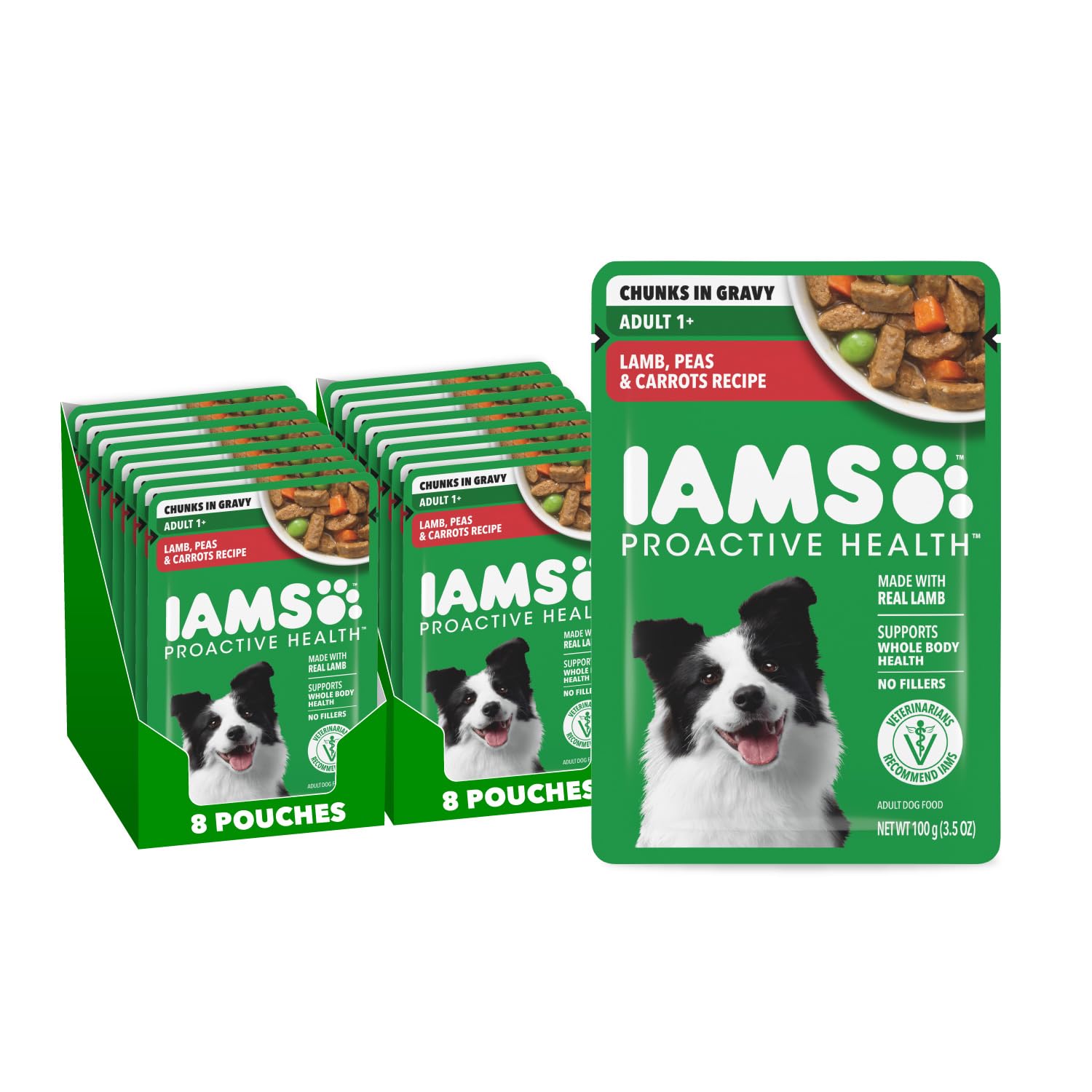 IAMS Proactive Health para perros, cordero con guisantes y zanahorias, porción lista para alimentar