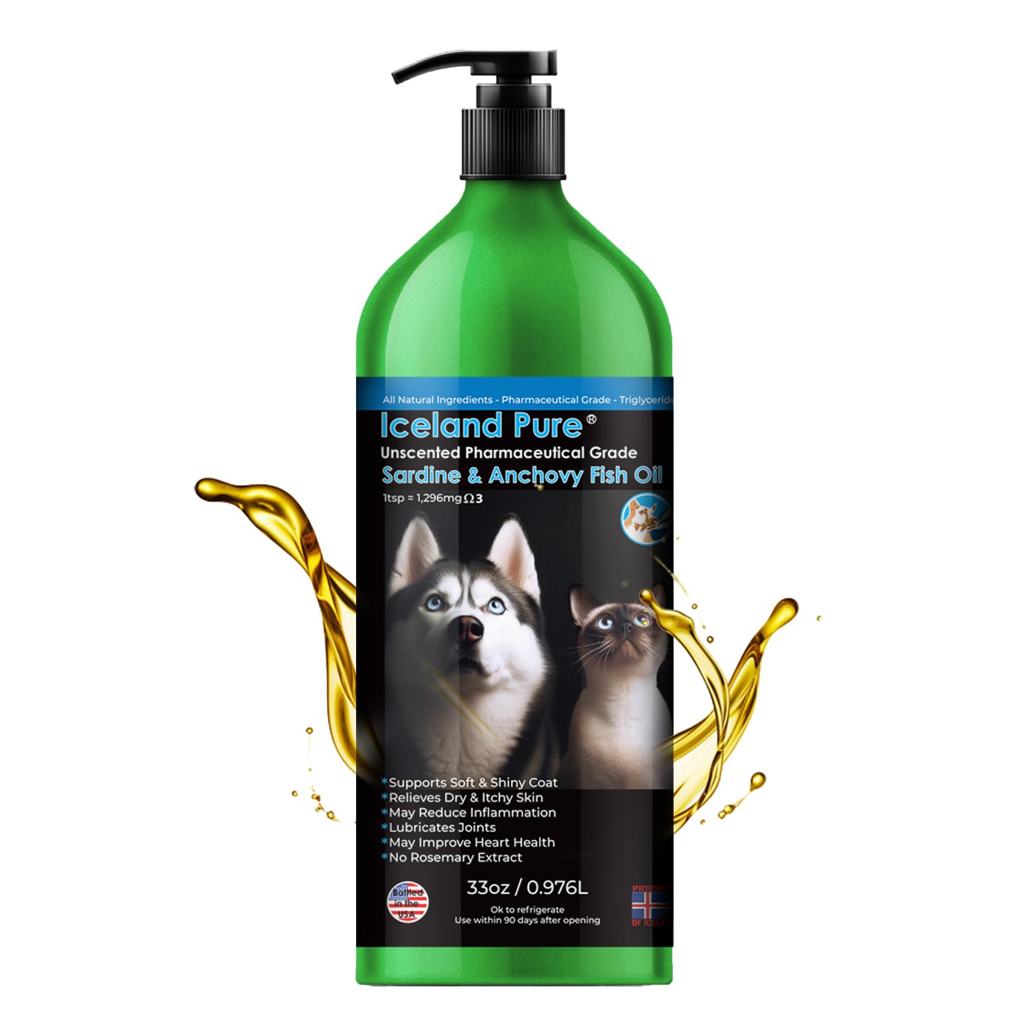 Iceland Pure aceite sardina-anchoa con bomba, dosificación diaria fácil para mascotas