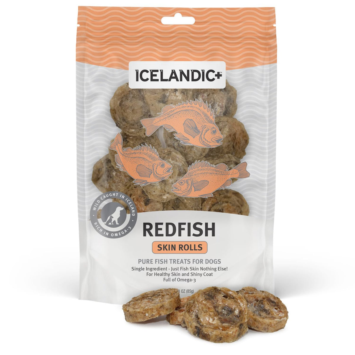 Icelandic+ Skin Rolls en empaque 3oz, snack crujiente para perros.