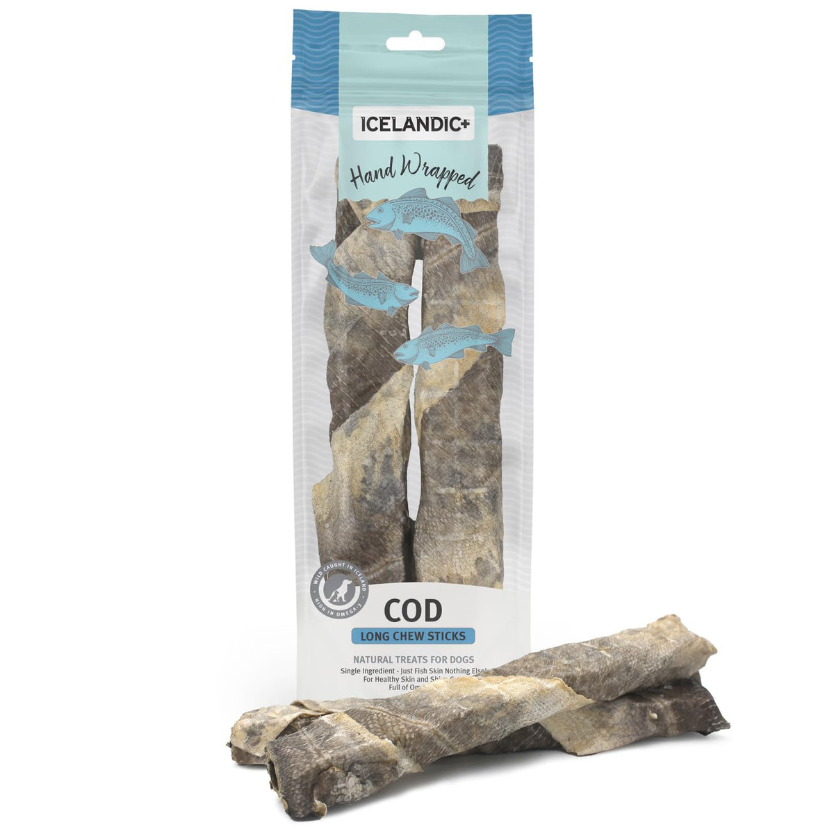 Icelandic+ palitos de masticar largos con piel de bacalao, snack natural para perros.