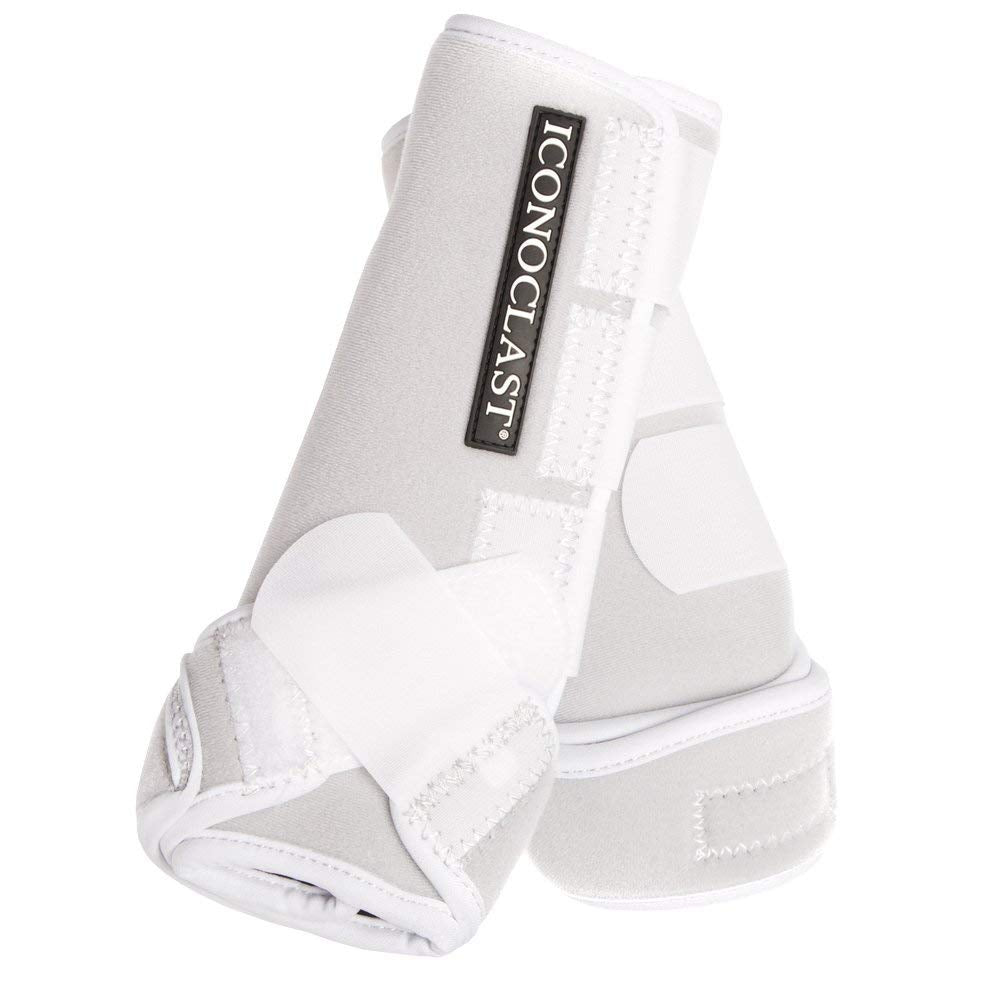 Iconoclast Frontal Botas de Soporte Ortopédico Blanco XL elevando y abrazando la pierna.