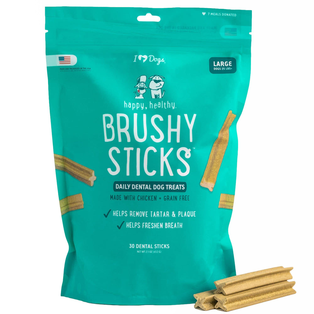 iHeartDogs Brushy Sticks: empaque visible para cuidado dental diario de tu perro.