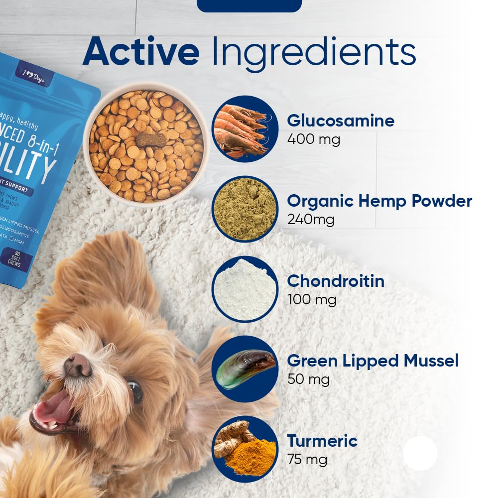 iheartdogs glucosamina condroitina MSM, ingredientes clave para articulaciones.