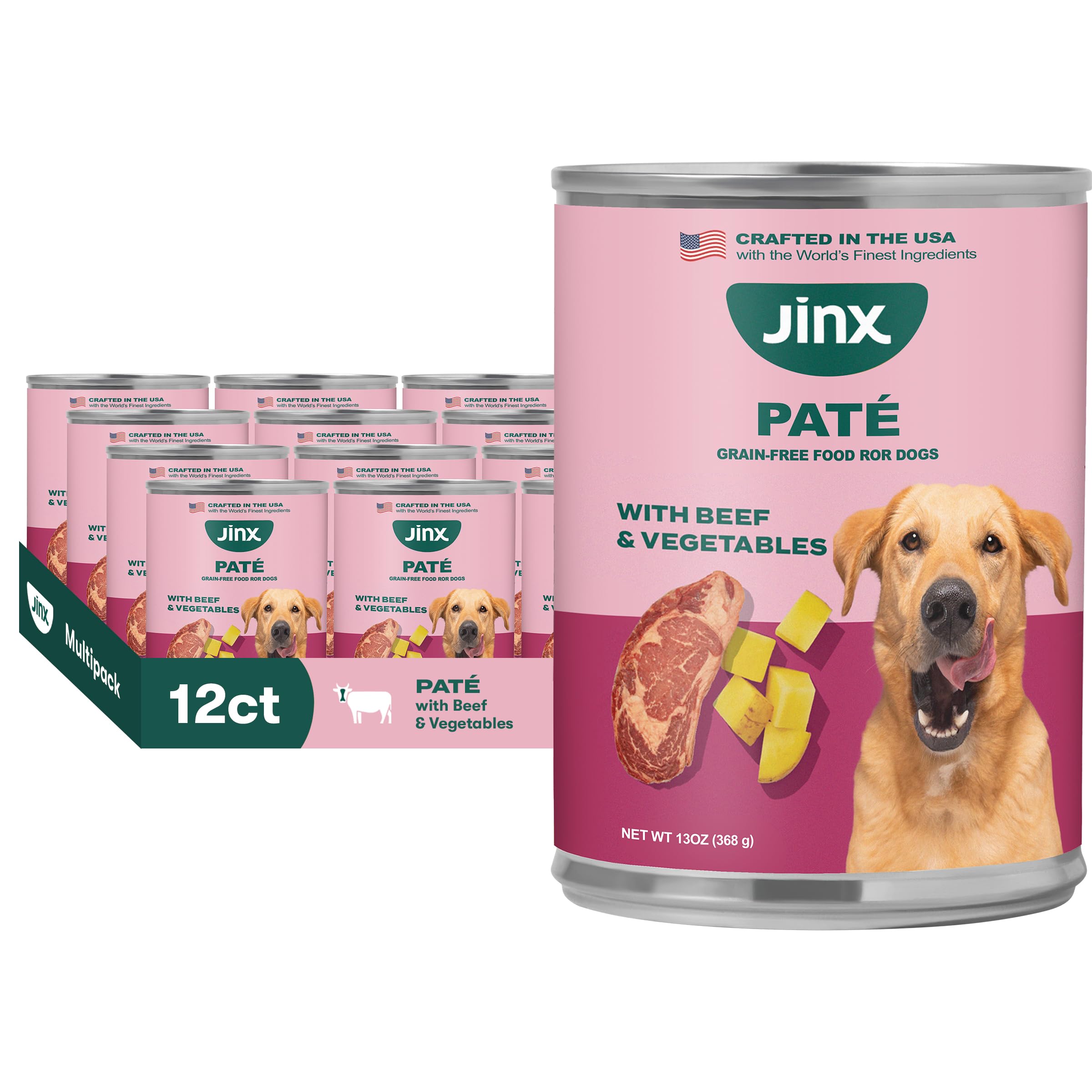 Jinx Latas Húmedas Premium para Perro – Paté de Res, Sin Cereales, Pack de 12 x 13 oz