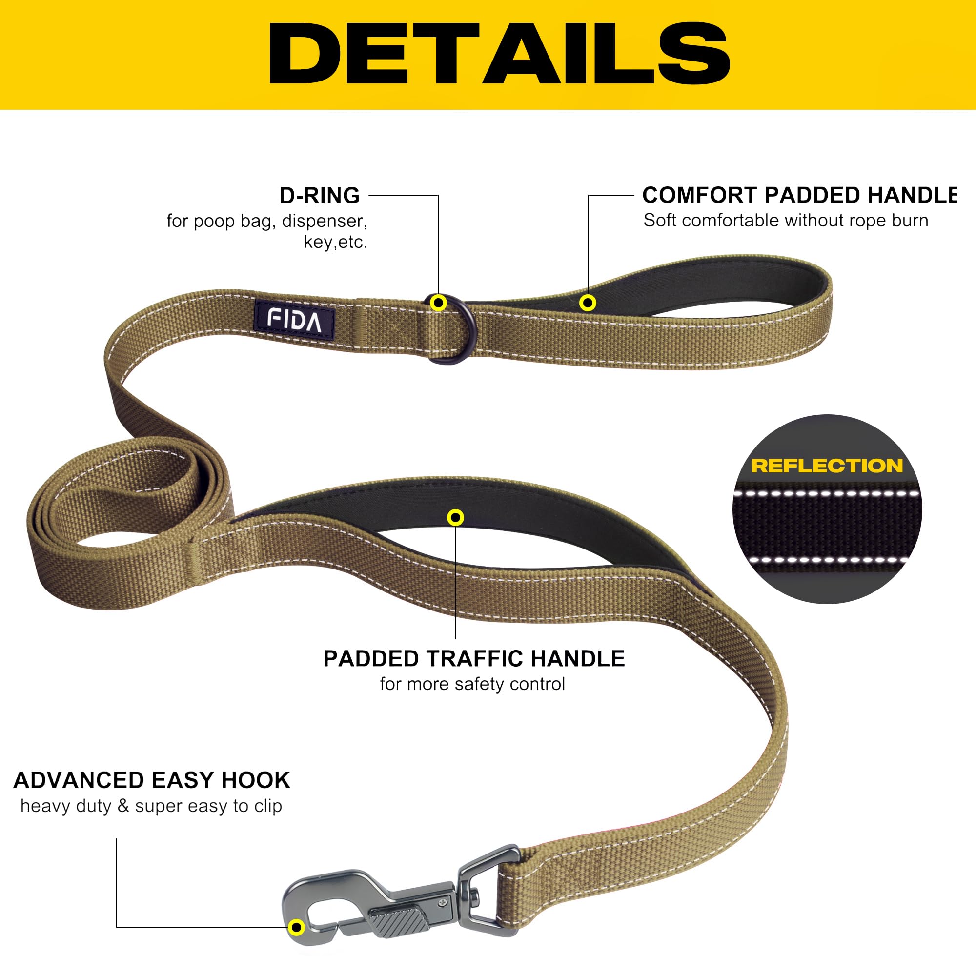 Fida 4 ft Correa para Perros - Asa Doble Acolchada, Gancho Fácil y Reflectante