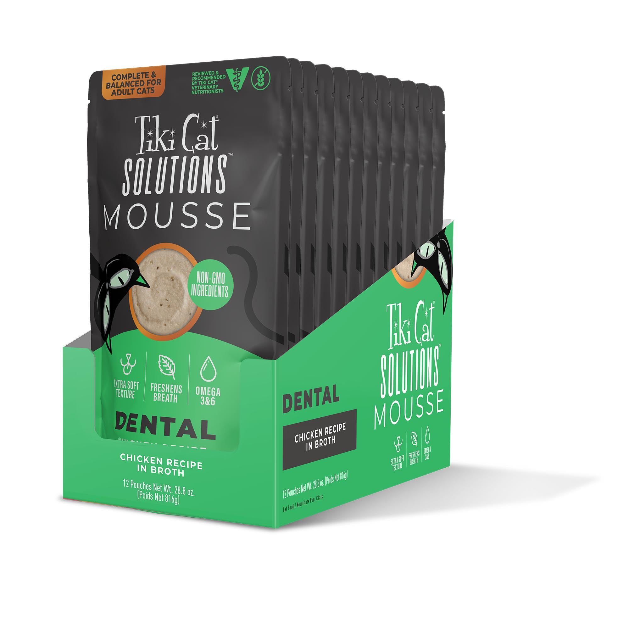 TIKI PETS – Tiki Cat Solutions Mousse Dentaire (Poulet, Bouillon) — 12 Sachets de 68 g