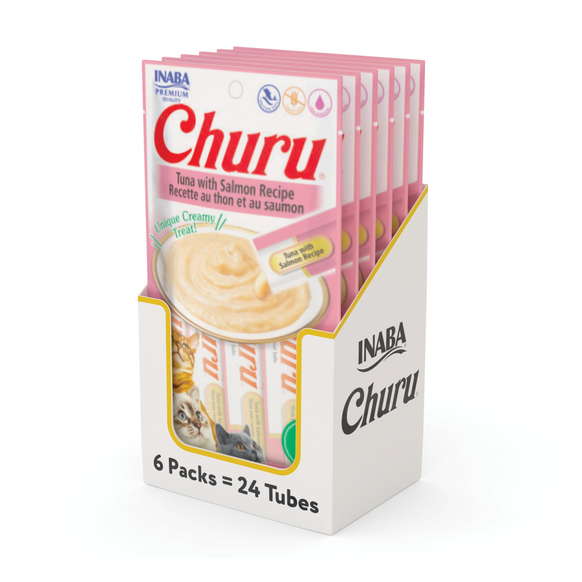 INABA Churu atún-salmón en tubo cremoso, snack húmedo para gatos con alta humedad.