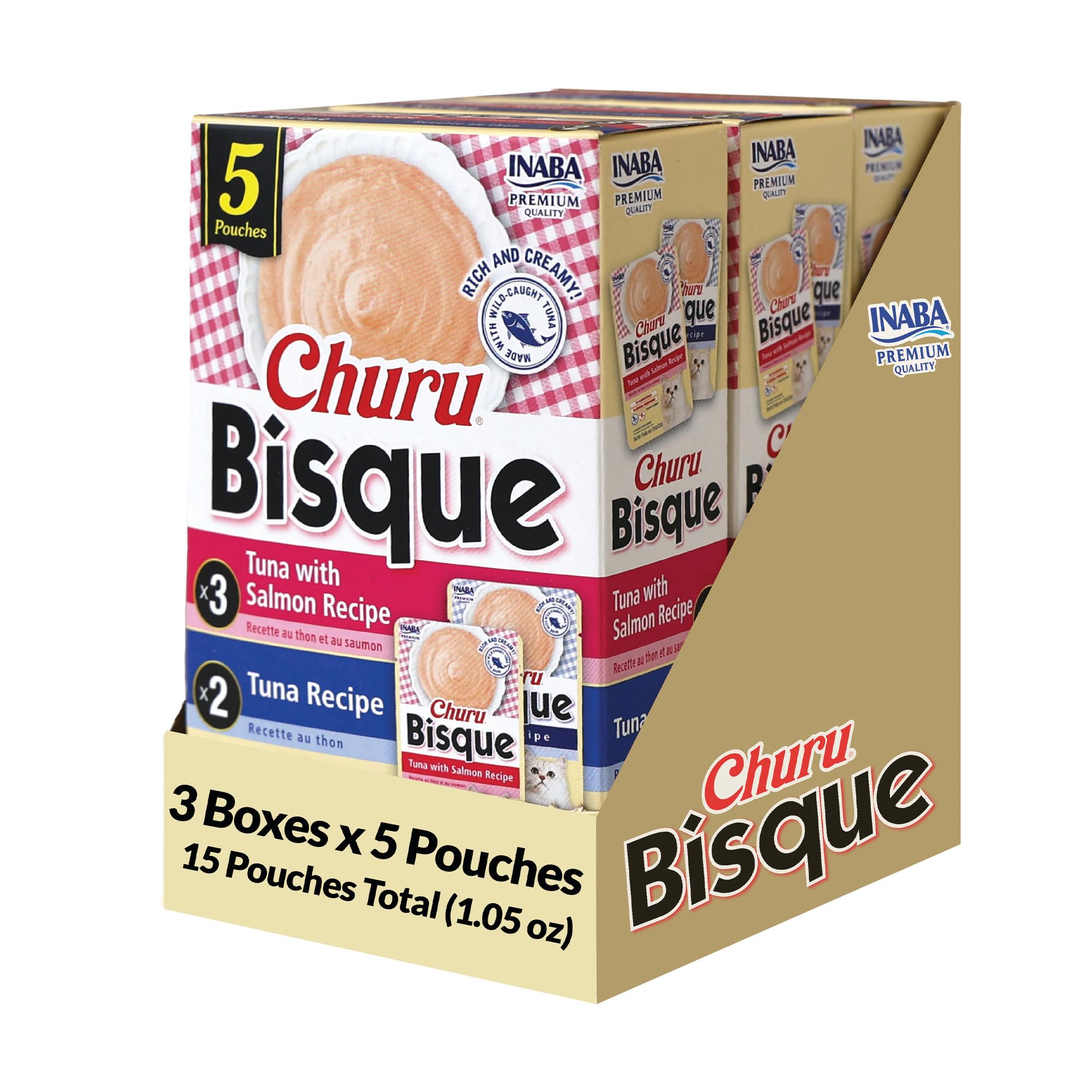 INABA Churu Bisque para gatos, porción 1 oz, ideal como acompañamiento sabroso.