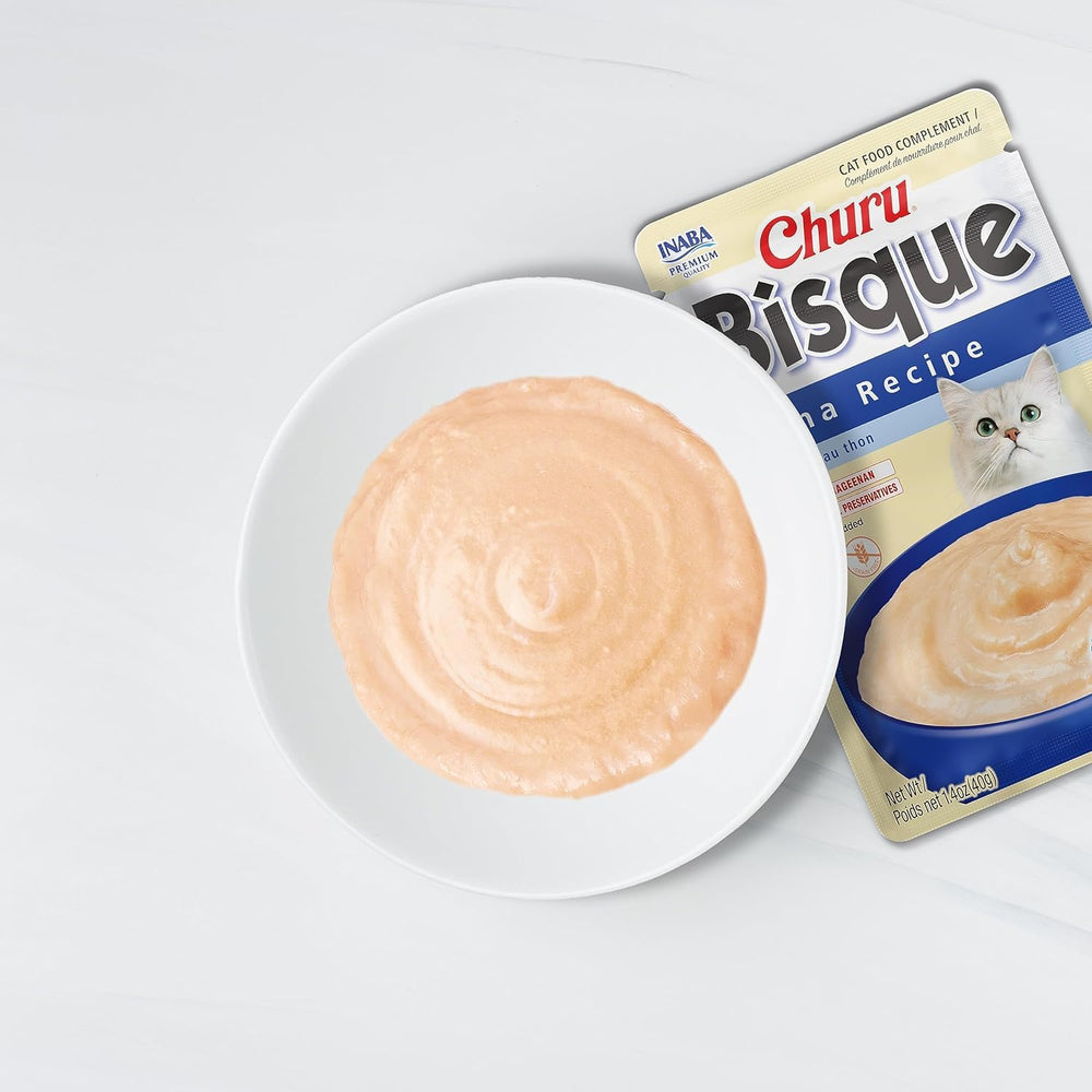 INABA Churu Bisque, textura cremosa ideal como topping para comidas.