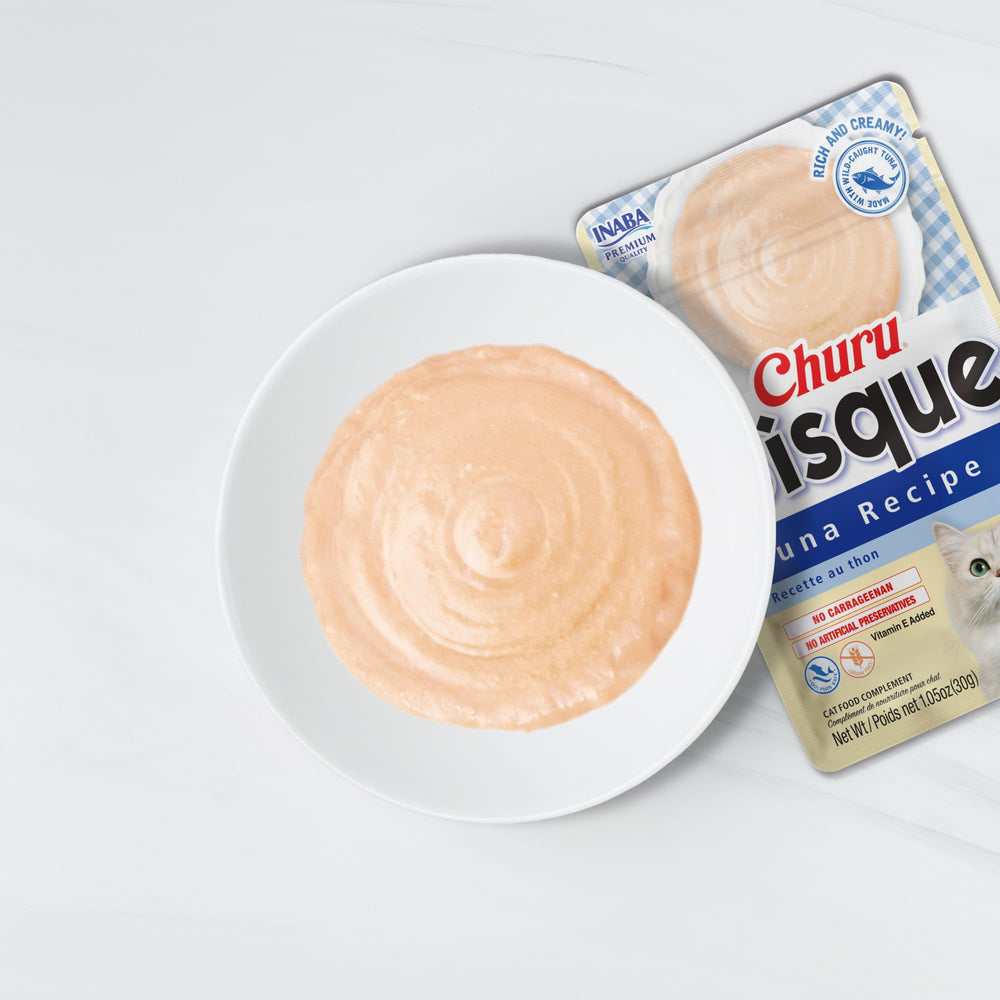 INABA Churu Bisque textura cremosa, perfecto como topping para las comidas.