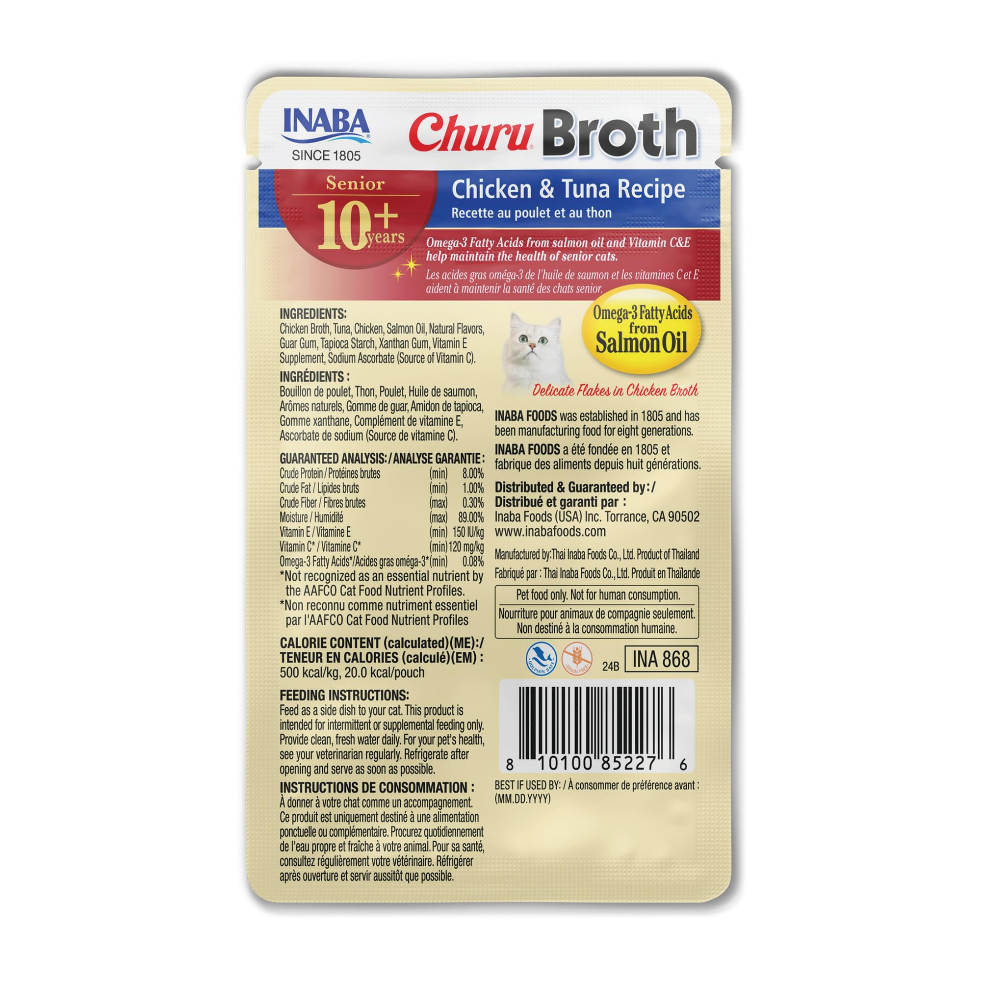 INABA Churu Broth porción con 89% de humedad para hidratar sin exceso.
