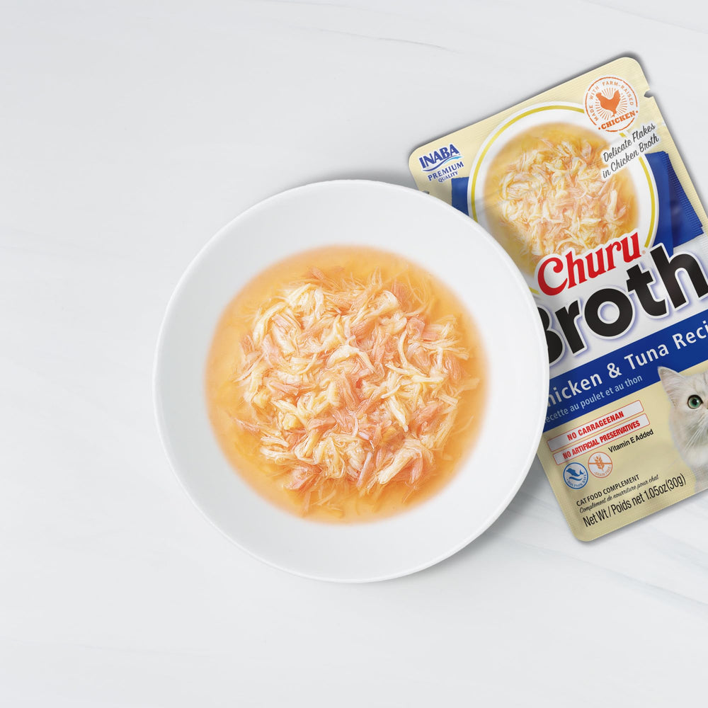 INABA Churu Caldo con atún en hebras, sabroso y marino para tu gato.