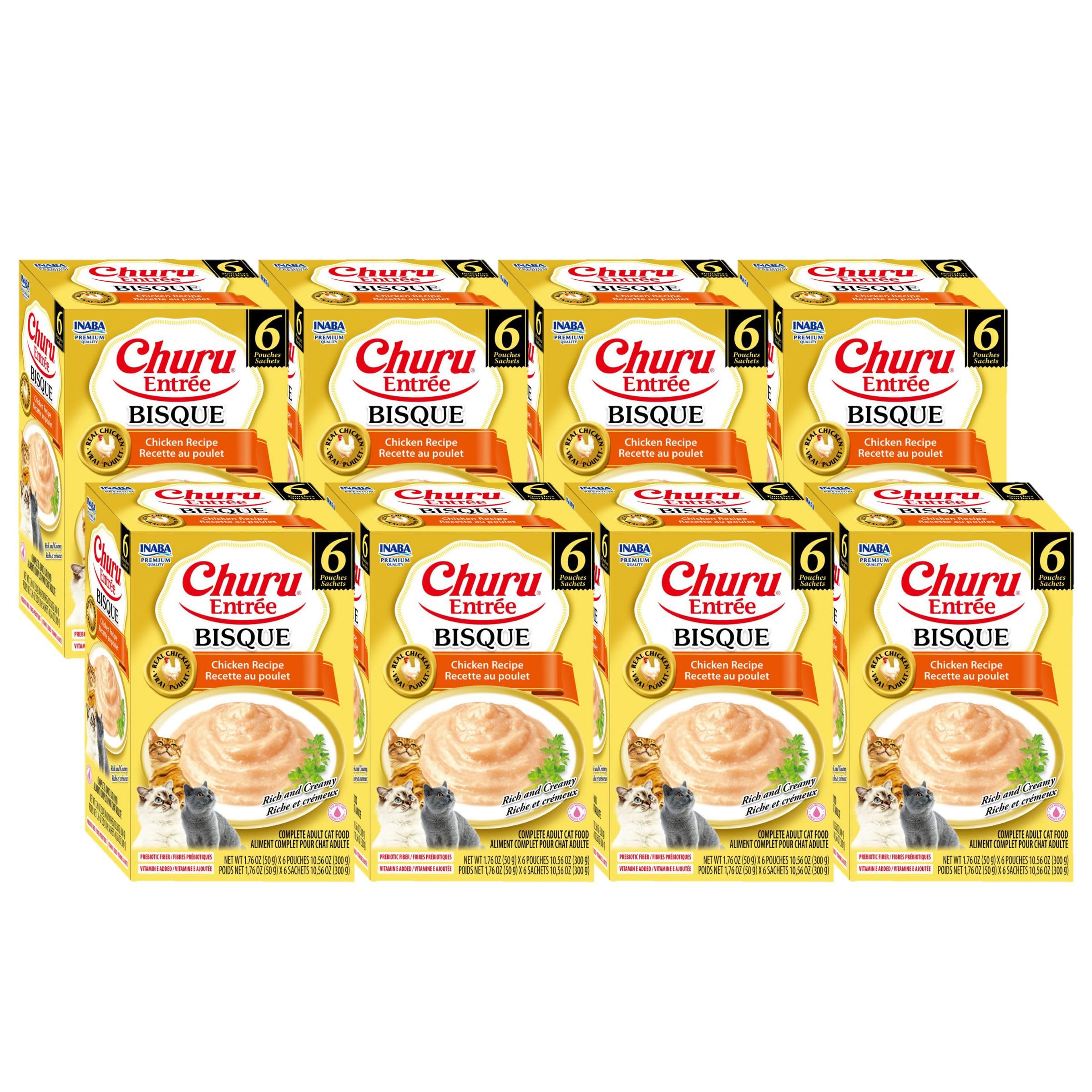 INABA Churu Entrée Bisque en sobre, puré cremoso que favorece la hidratación diaria del gato.