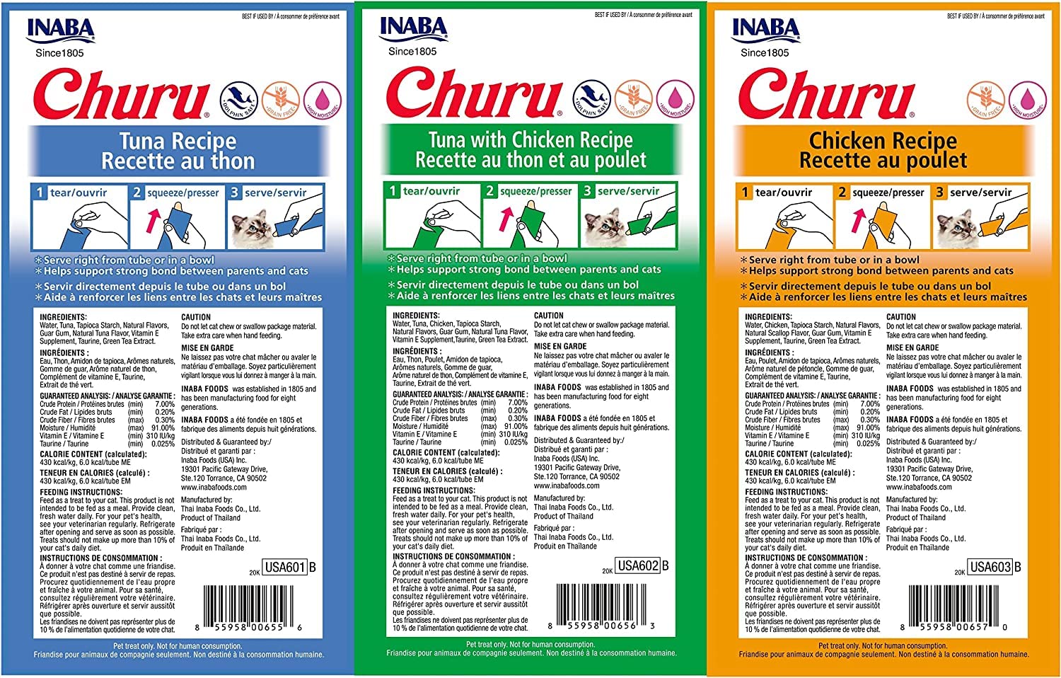 Pack de 24 tubitos INABA Churu para gatos, práctico para alimentar en casa.