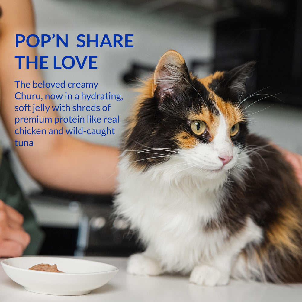 Vitamina E y Taurina en INABA Churu Pop'N Serve para fortalecer la salud felina.