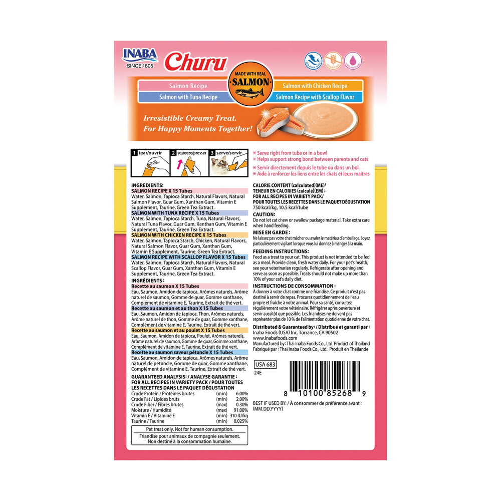 INABA Churu sabor salmón, experiencia sabrosa para gatos de todas las edades.