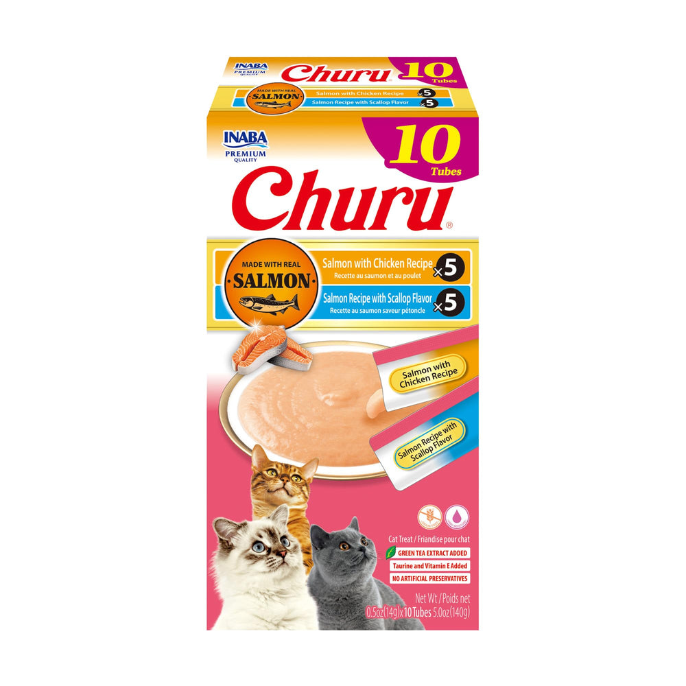 INABA Churu salmón: tubo frontal con textura cremosa para alimentar a mano.