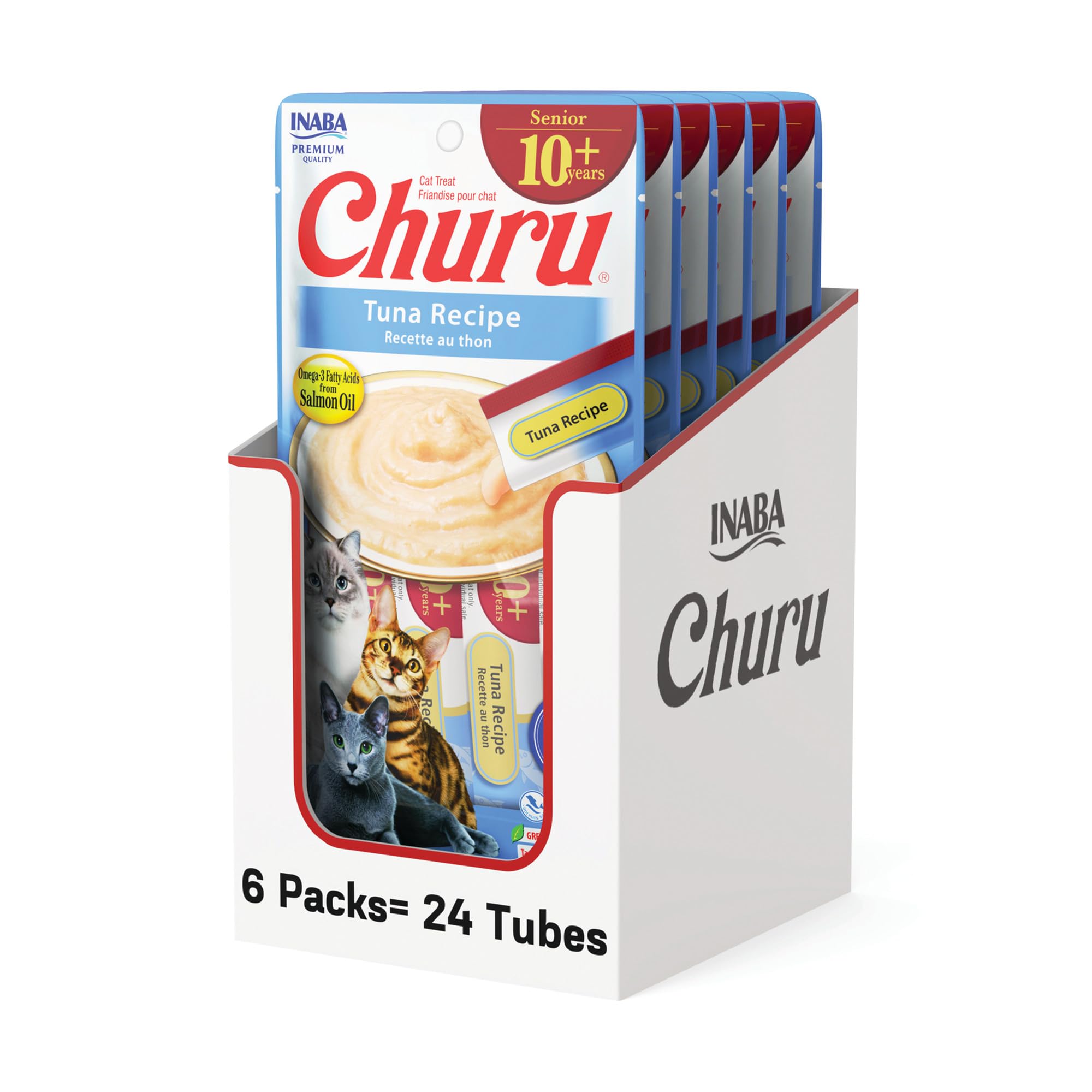 INABA Churu Senior Atún Receta, snack húmedo para hidratar felinos y estimular el gusto.