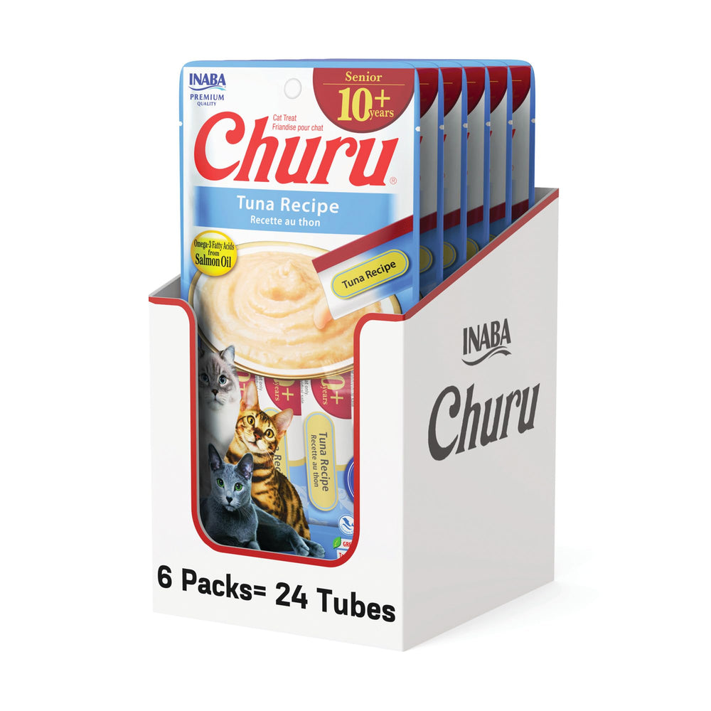 INABA Churu Senior Atún Receta, snack húmedo para hidratar felinos y estimular el gusto.