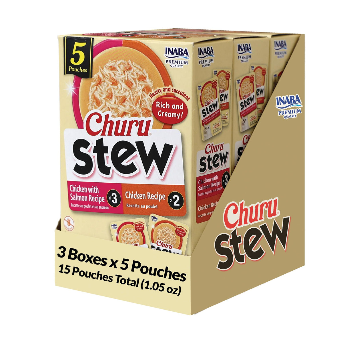 INABA Churu Stew: bolsa abierta para servir como cobertura sabrosa y húmeda.