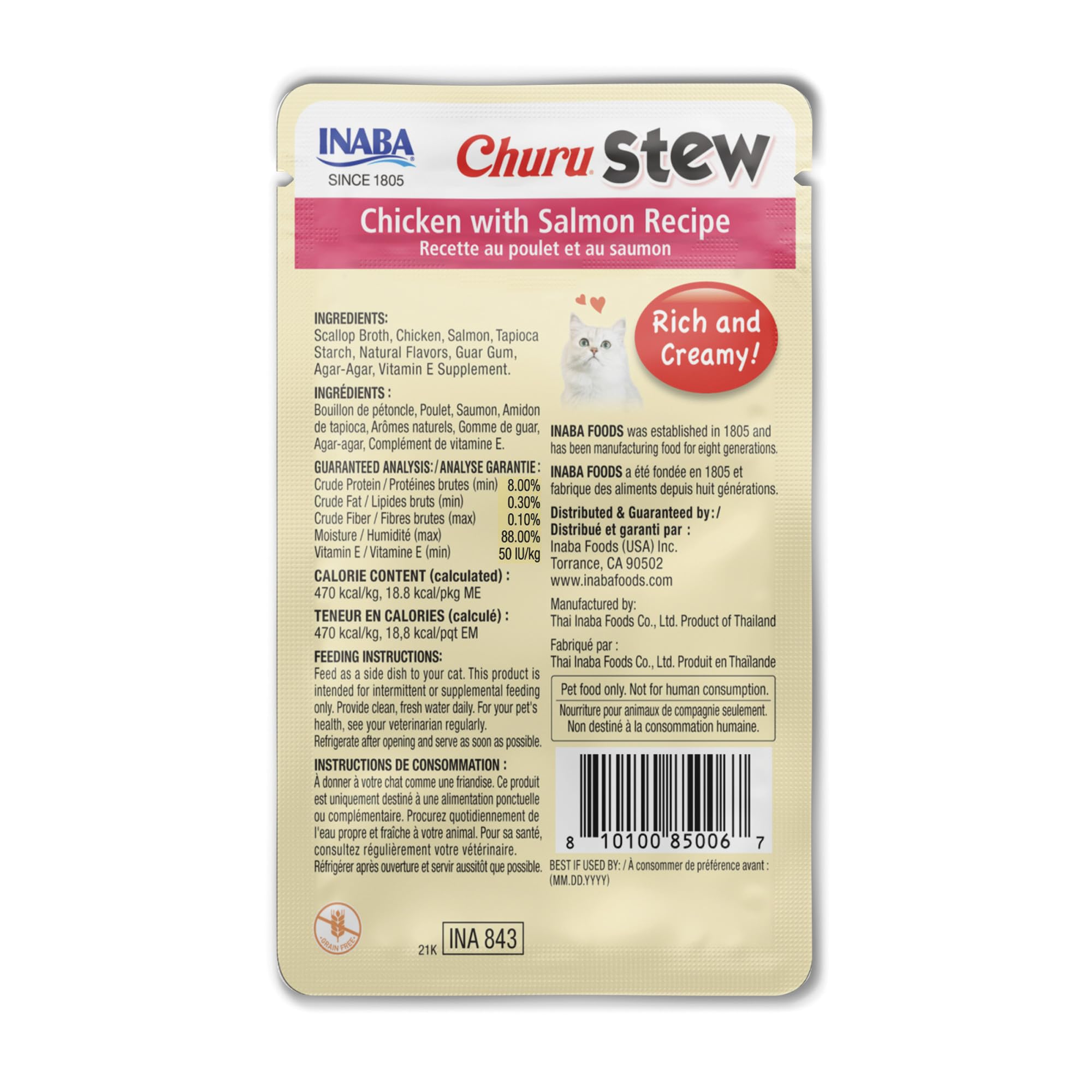 INABA Churu Stew, envase práctico para servir rápido en casa.