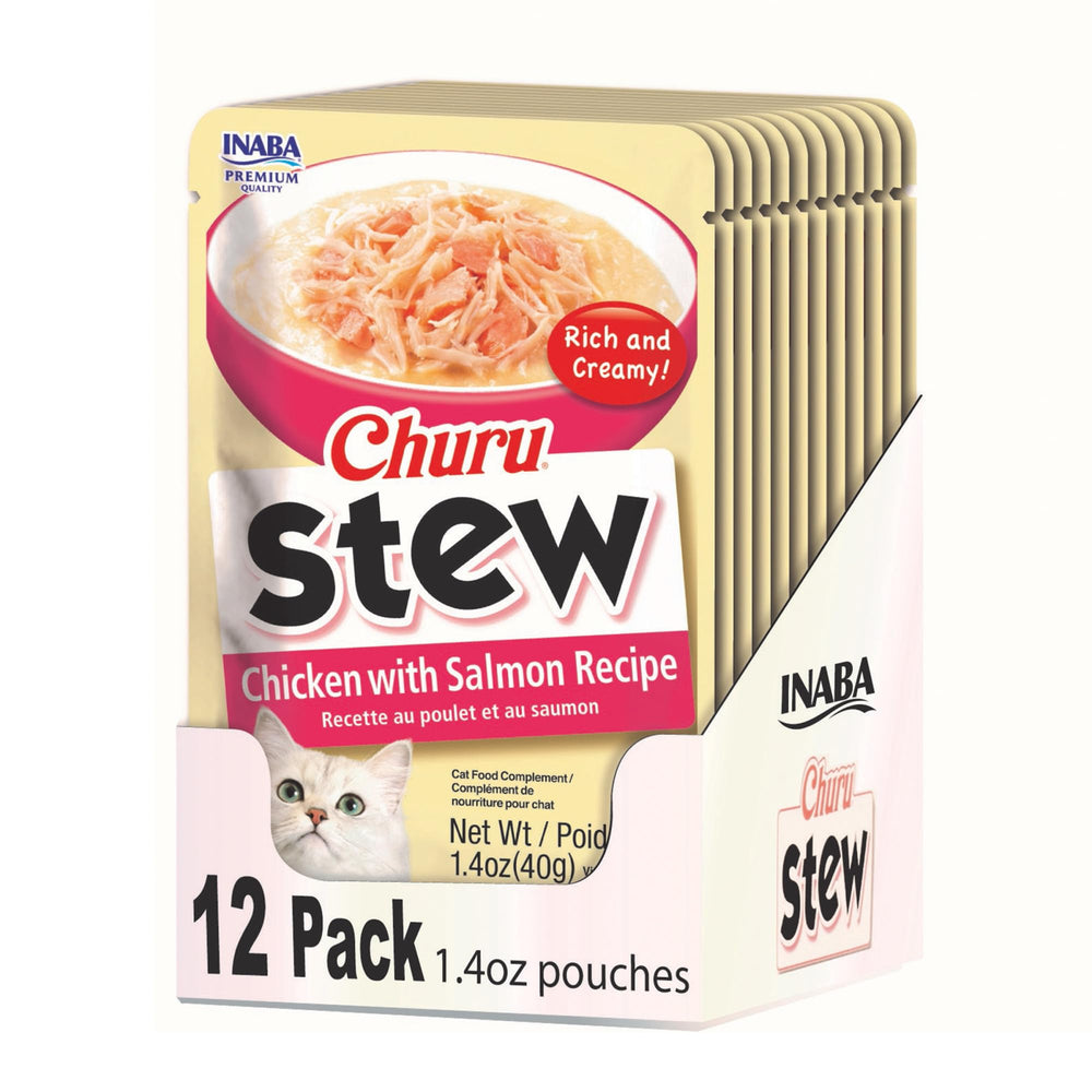 INABA Churu Stew en bolsa, pollo-salmón, textura atractiva para complementar la comida.