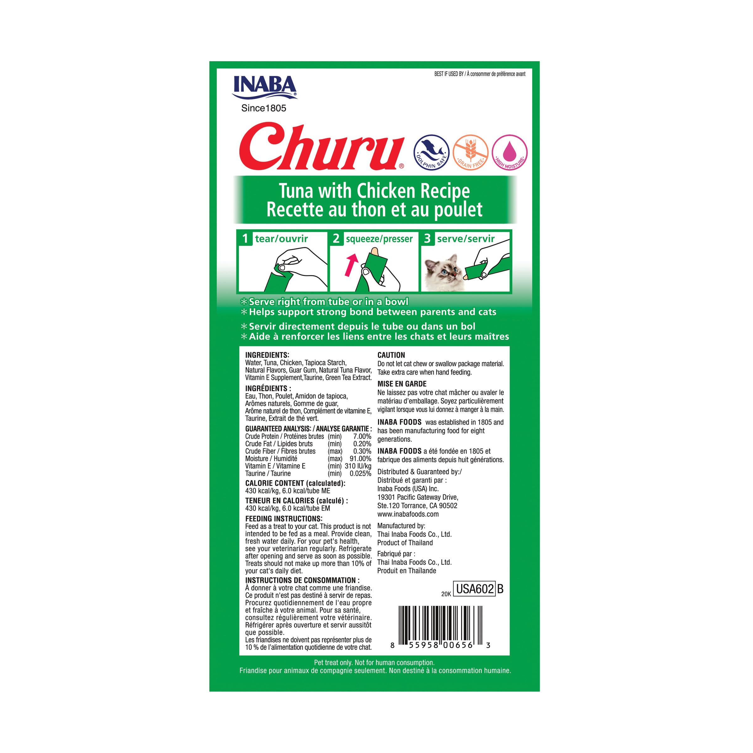 Textura cremosa de INABA Churu en puré de atún y pollo para gato