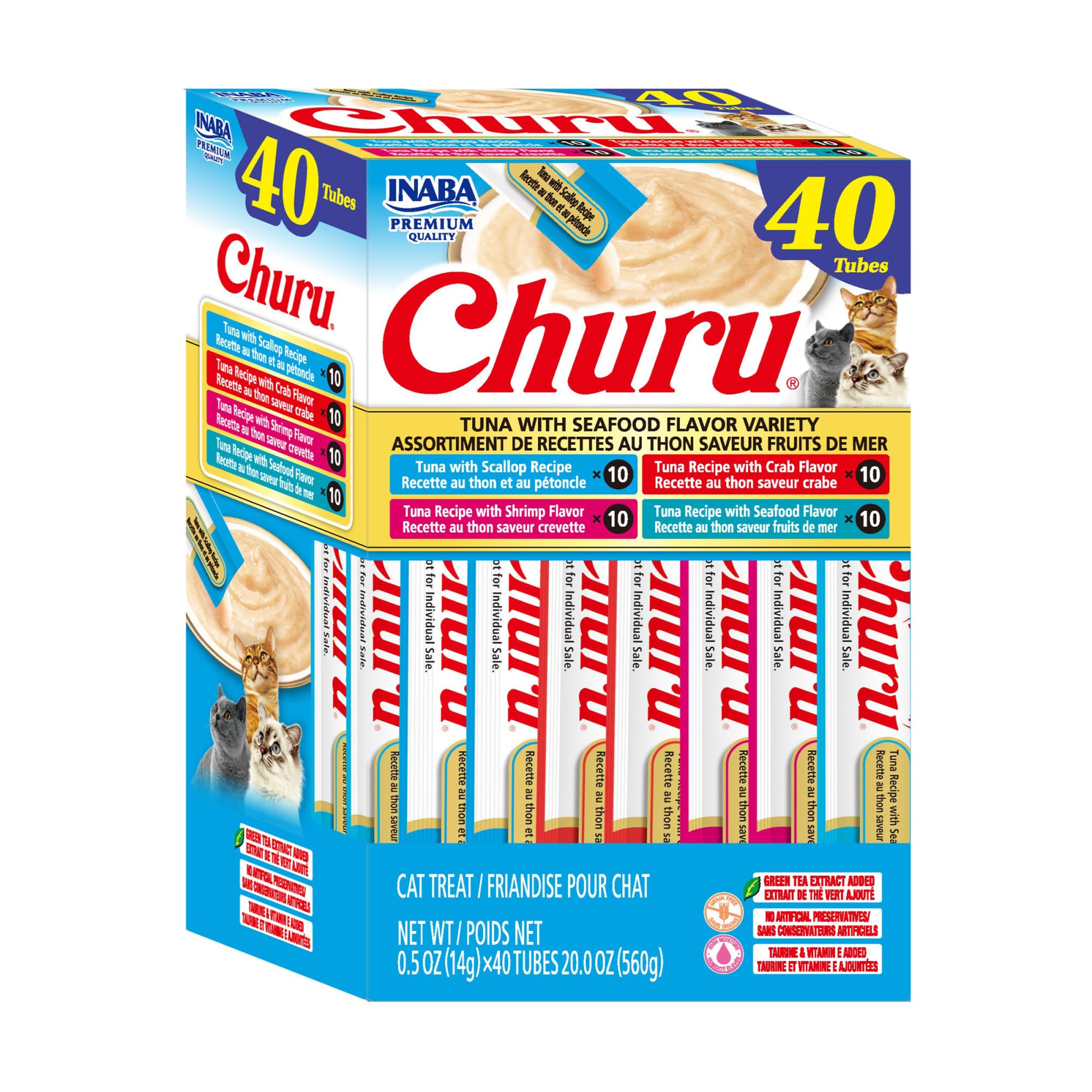 INABA Churu: tubo de atún y mariscos, premio cremoso para hidratar y premiar.
