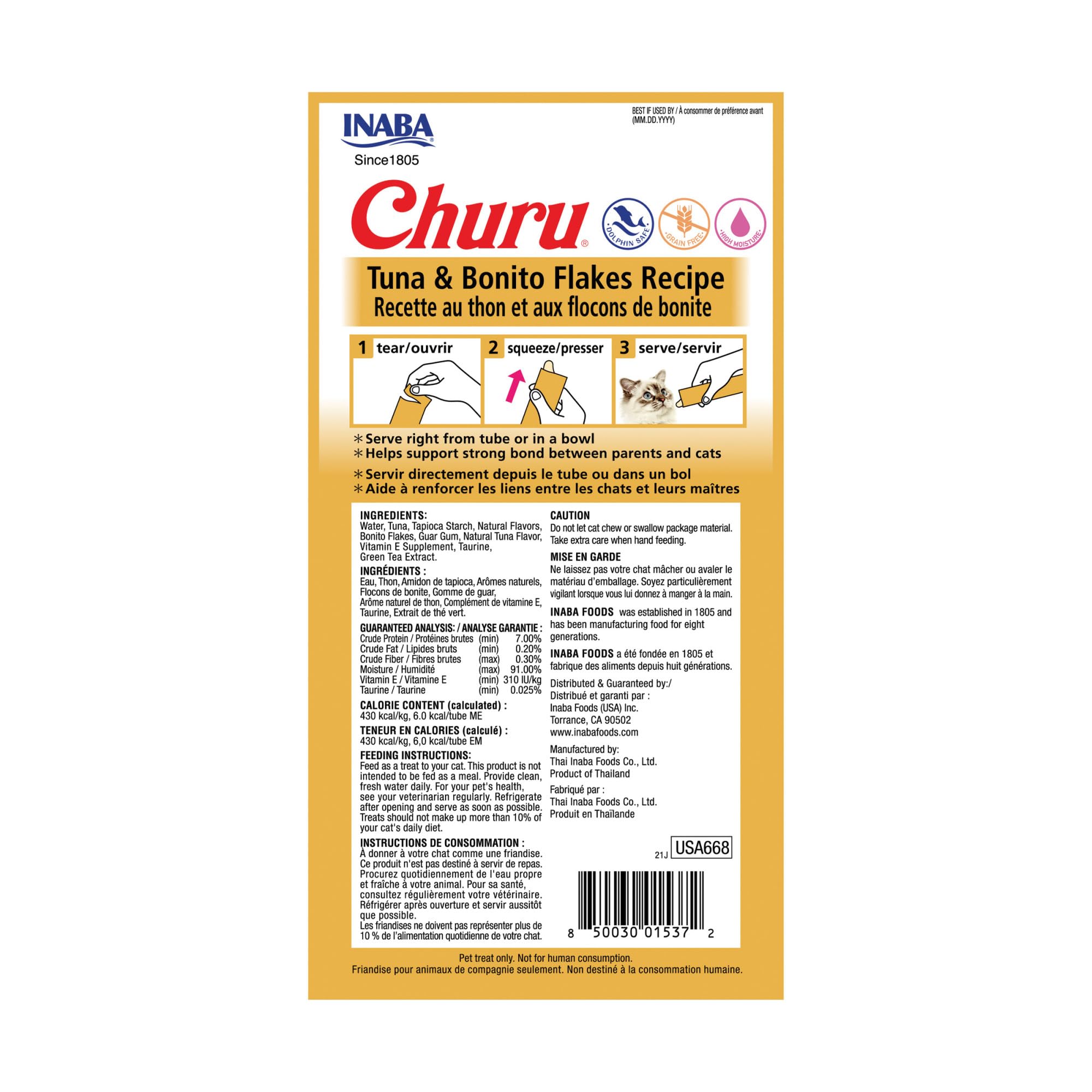 INABA Churu: tubo cremoso de atún con bonito, ideal para premiar con facilidad.