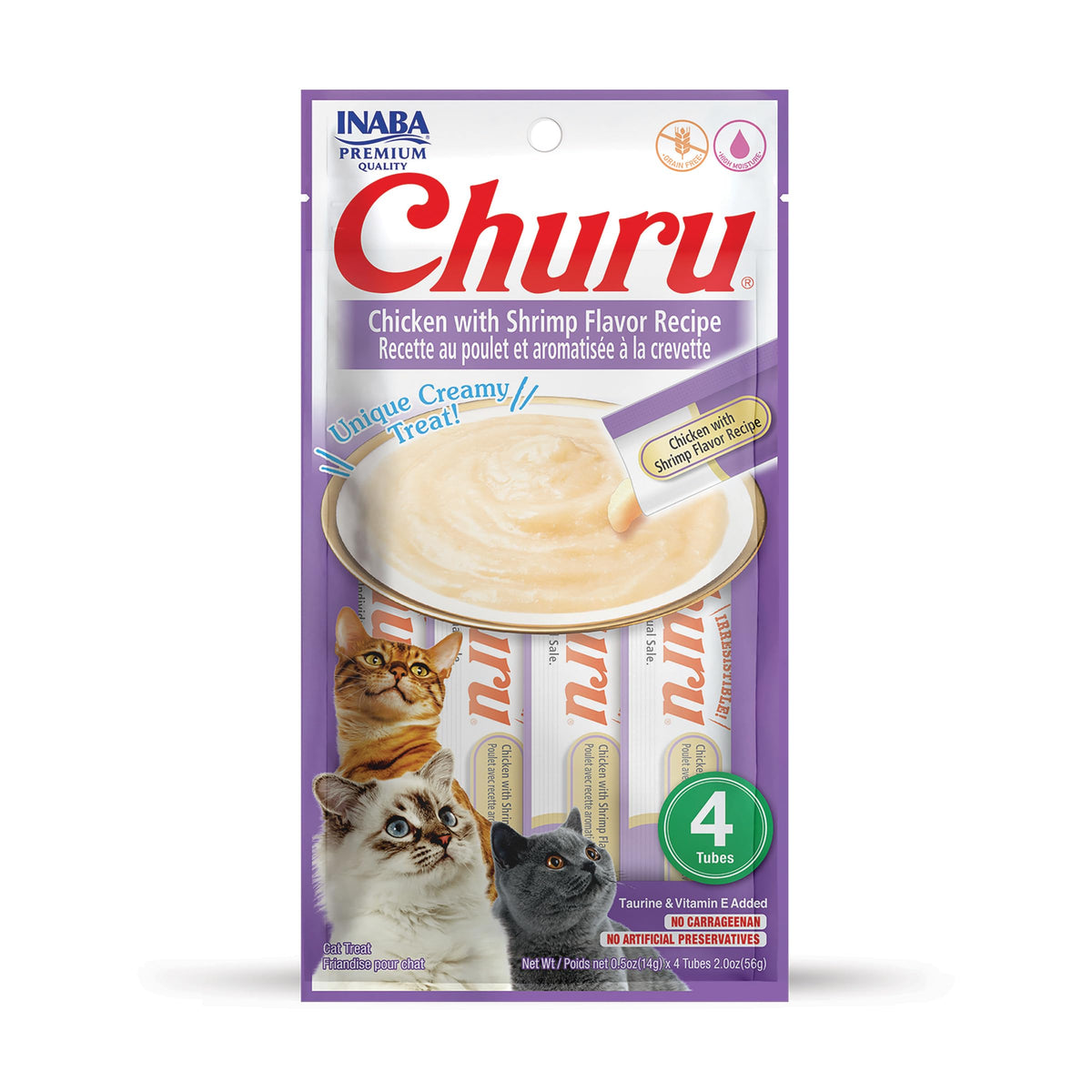 INABA Churu tubo cremoso pollo-camaron, snack sabroso para gatos.