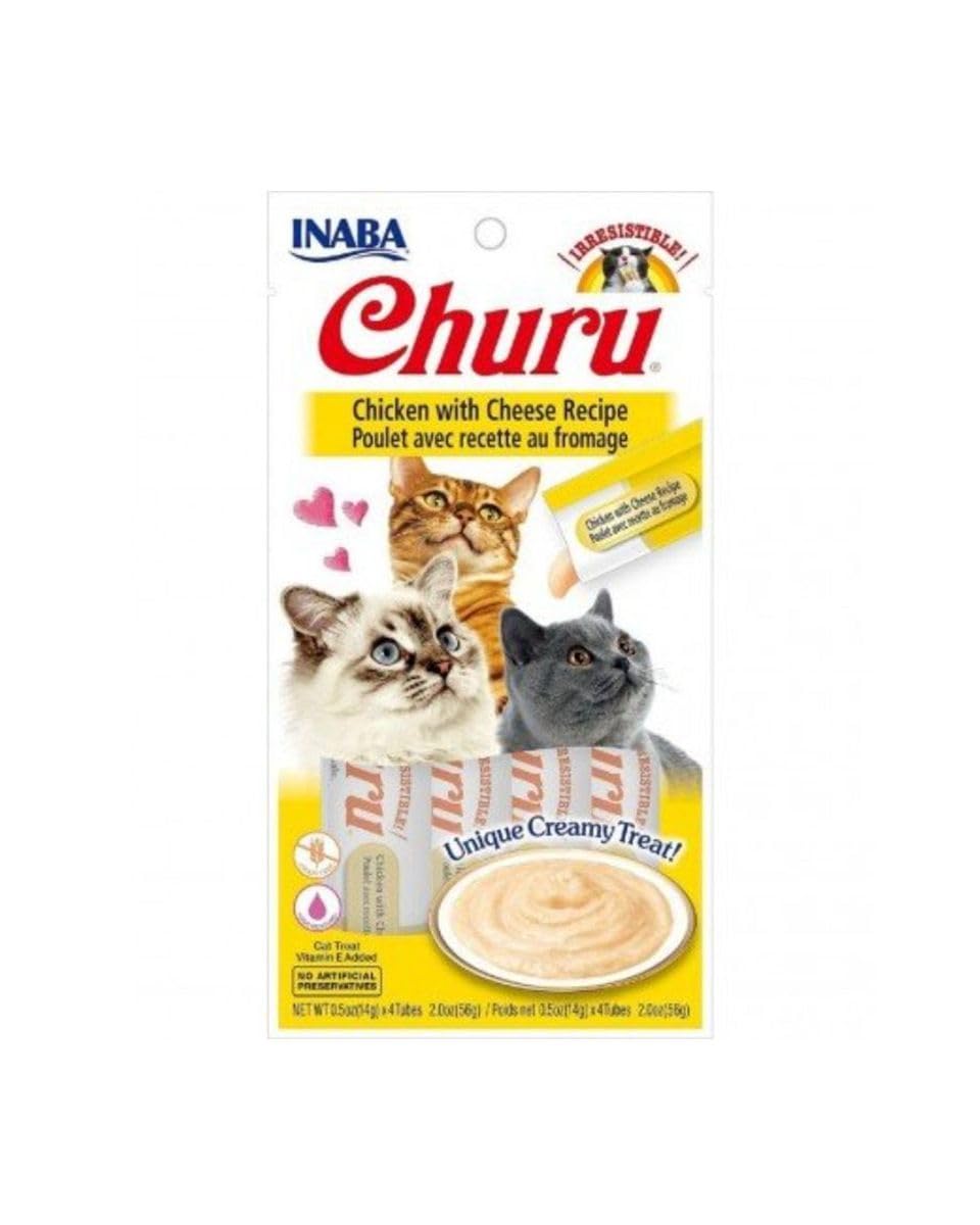 INABA Churu, tubo cremoso de pollo y queso, ideal para alimentar con la mano.