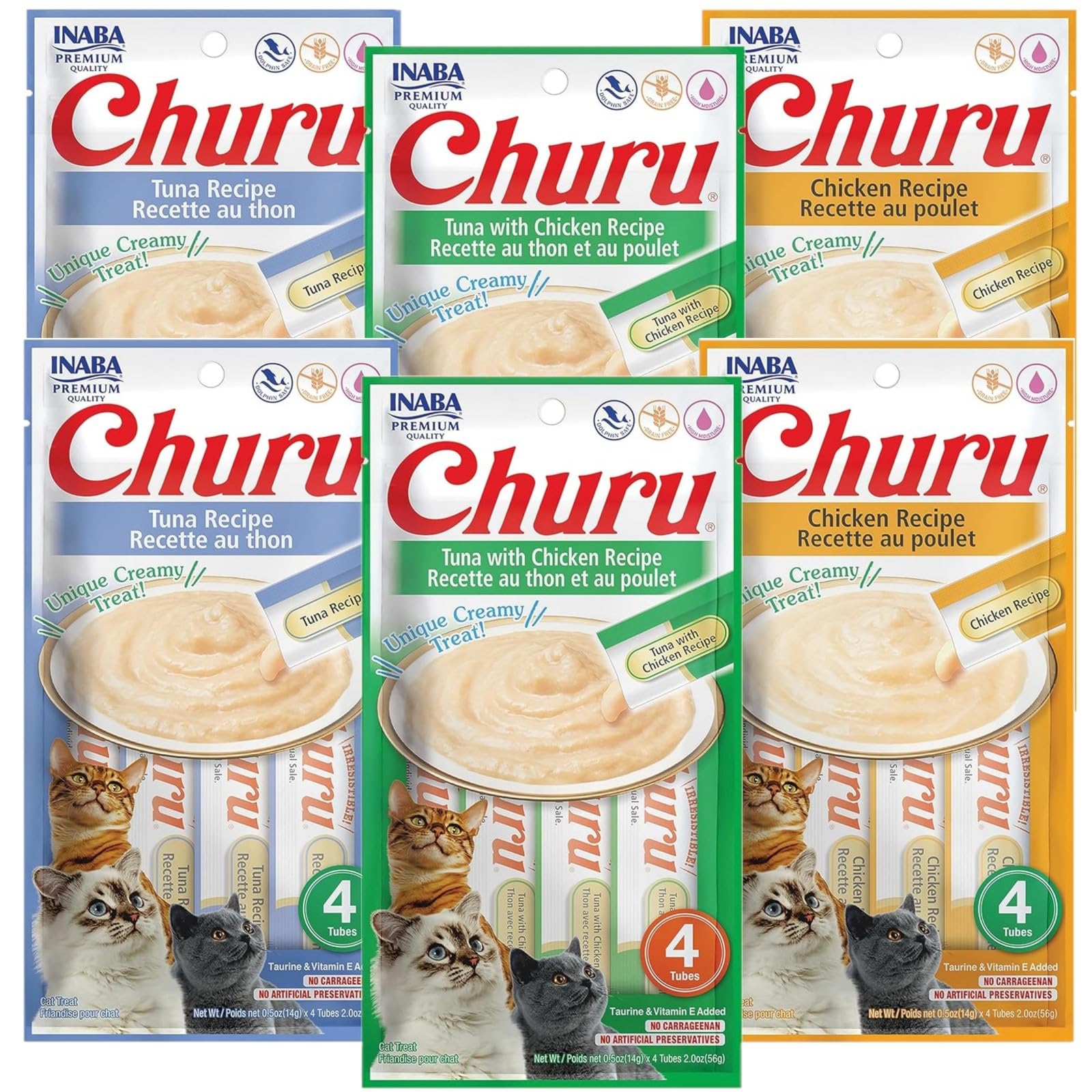 INABA Churu tubitos cremosos con variedad de sabores para gatos.