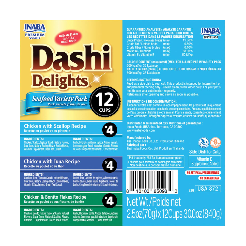 Pack de variedad INABA Dashi Delights para gatos con sabores variados.