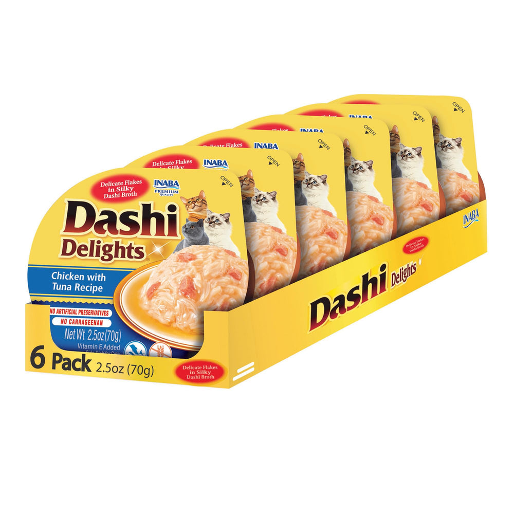 INABA Delicias Dashi para gatos con pollo deshilachado y caldo de bonito, ideal para acompañar la comida