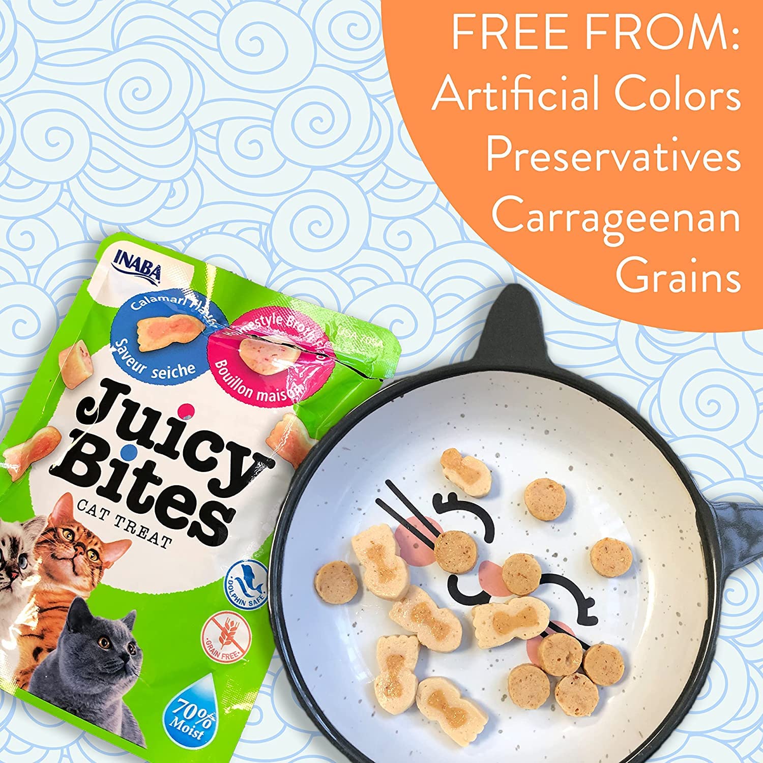 INABA Juicy Bites: formas divertidas que atraen a gatos en cada bocado.
