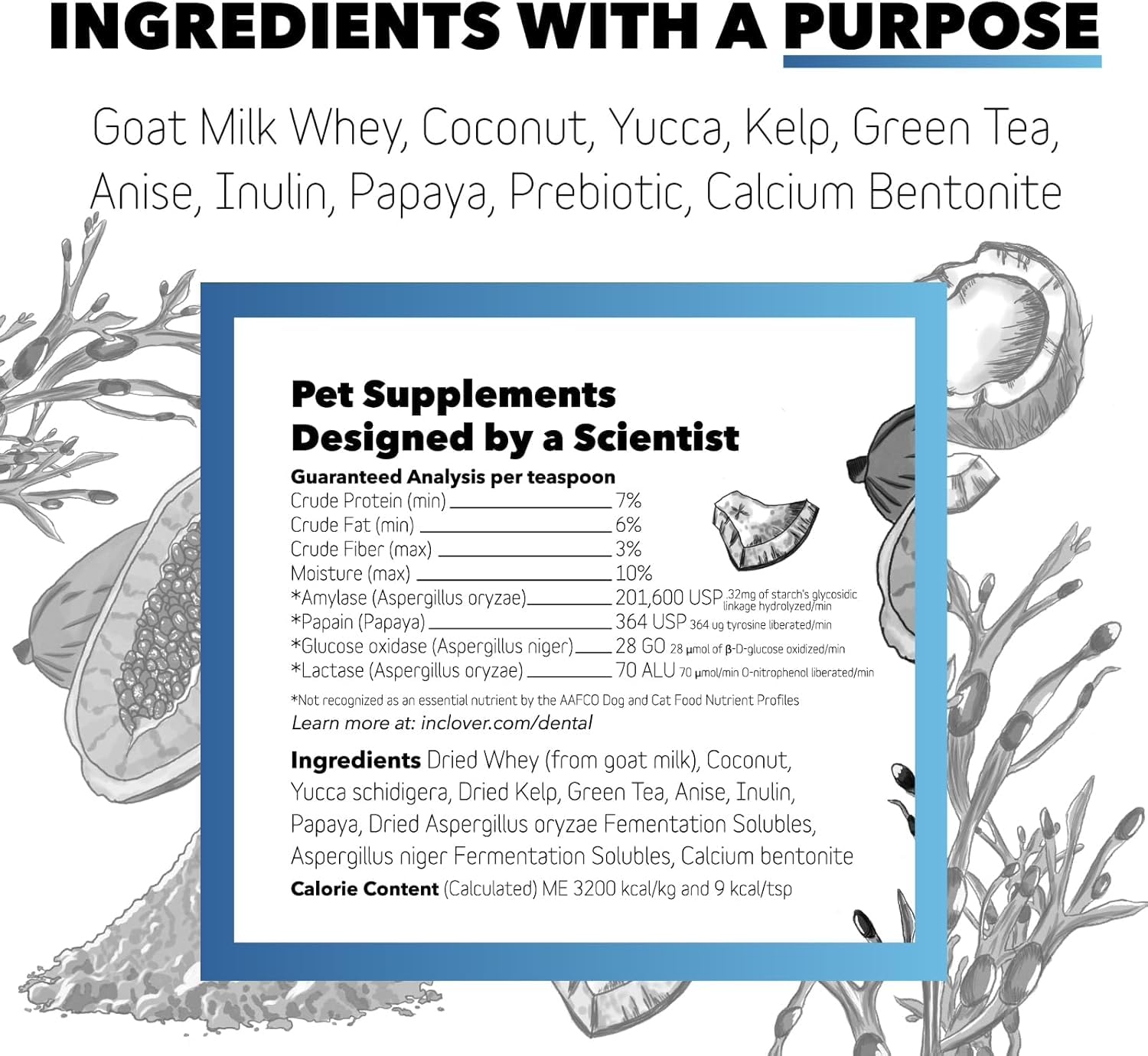 InClover Ingredientes naturales: algas y suero de leche de cabra para salud dental.