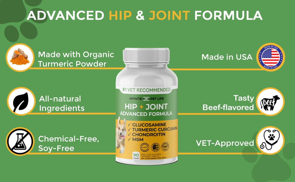 Infinite Pet Supplements, ingredientes naturales con curcuma, apoyo articular y bienestar general.
