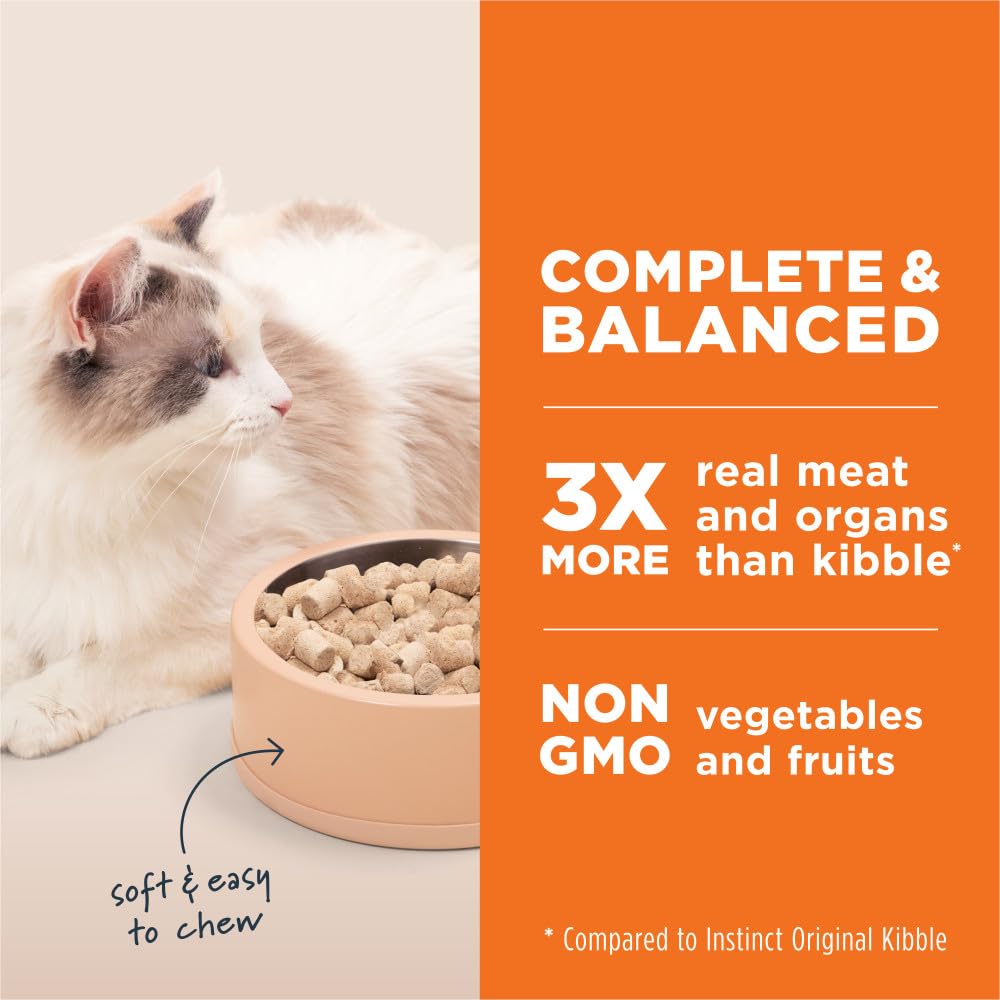 Instinct deshidratado para gatos, proceso mínimamente procesado para conservar nutrientes.