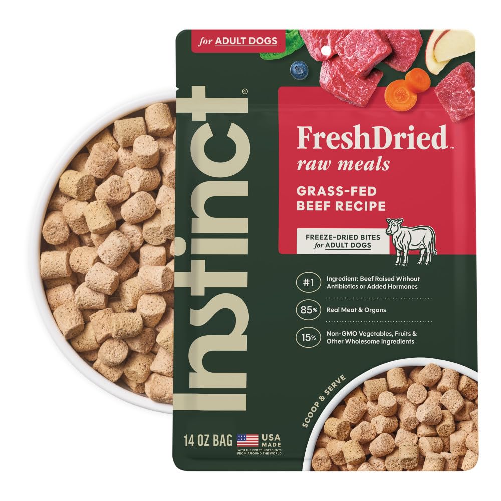 Instinct FreshDried Bites, empaque frontal, alimento crudo sin granos para perros.