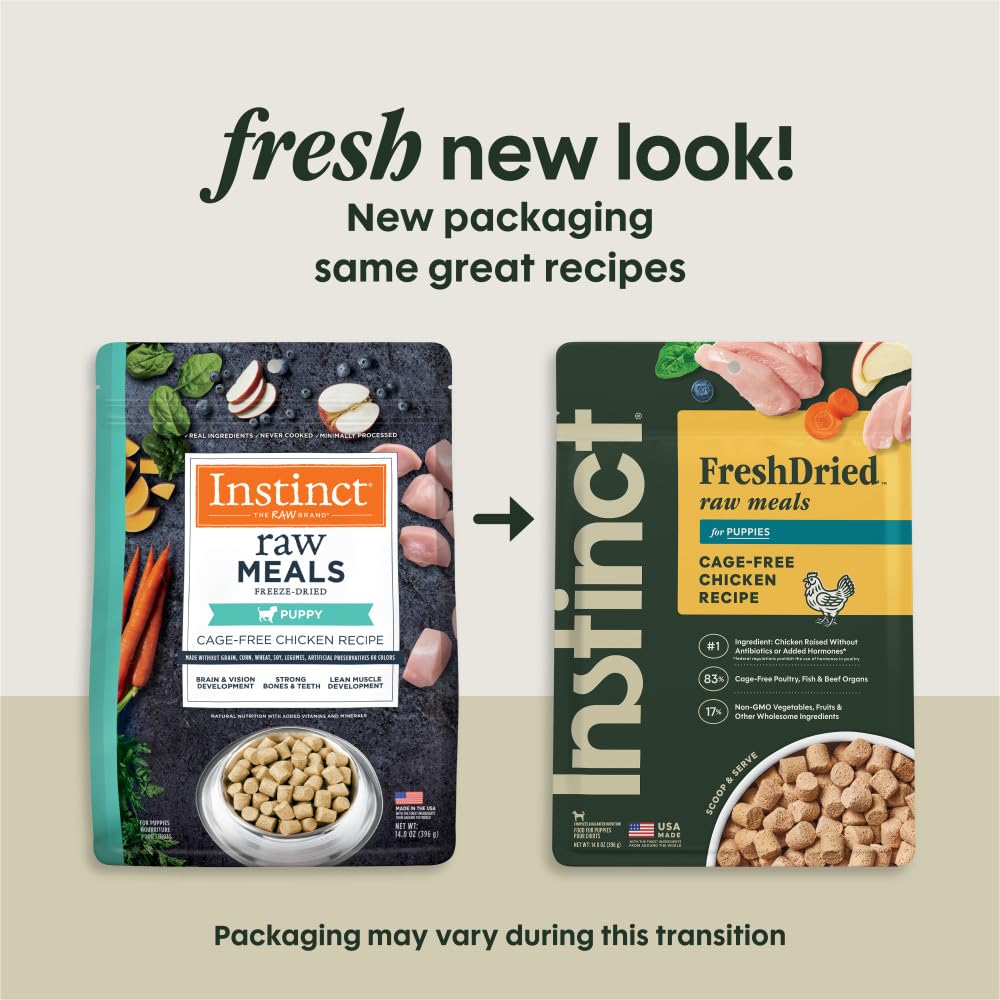 Instinct Puppy FreshDried Bites, frente del envase, destaca fórmula proteica para cachorros.