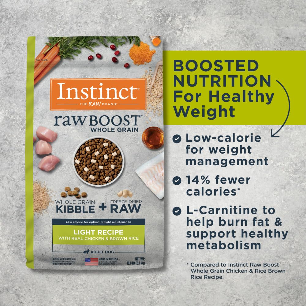 Etiqueta nutricional de Instinct Raw Boost Light con ingredientes naturales.