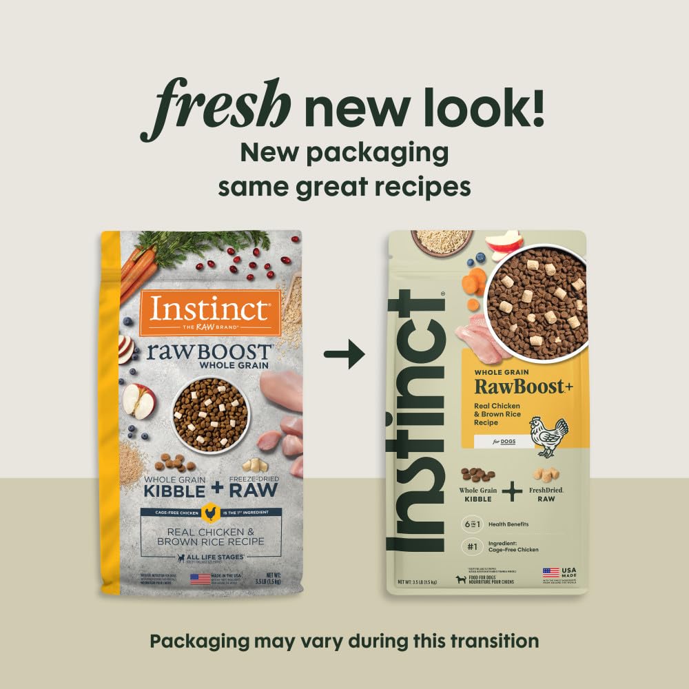 Instinct RawBoost muestra pollo real y crudo fresco deshidratado para sabor.
