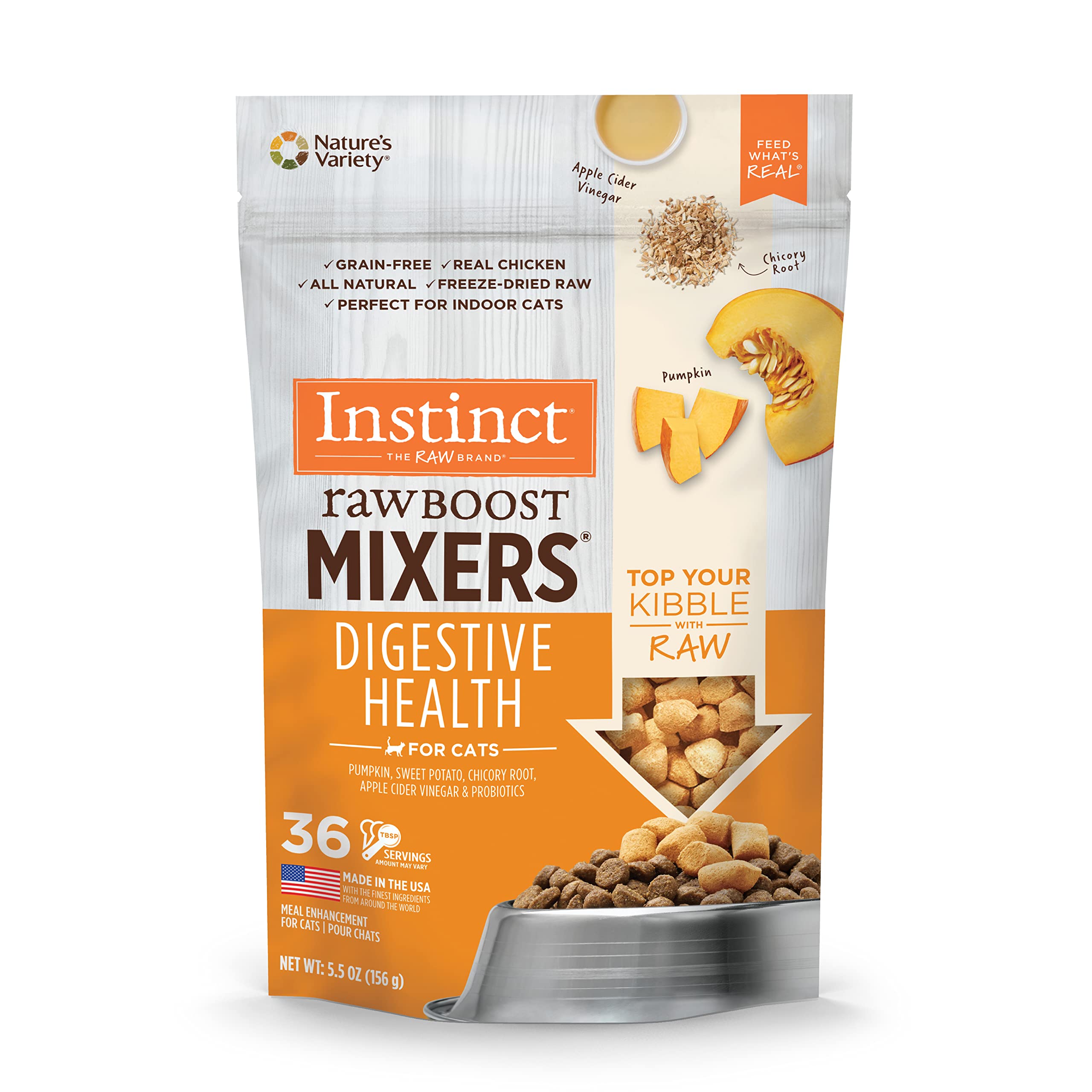 Instinct Refuerzo Crudo: mezcla deshidratada de pollo real para gatos, sabor y nutrición.