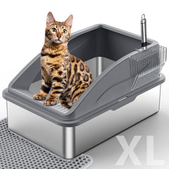 Bandeja INVENHO para gatos con tapa abierta, acero inoxidable, higiene y facilidad de limpieza