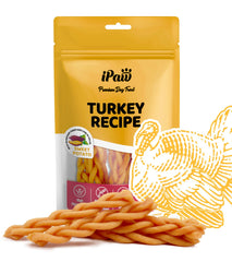 iPaw tira trenzada de pavo con batata dulce, ideal para recompensas de entrenamiento.