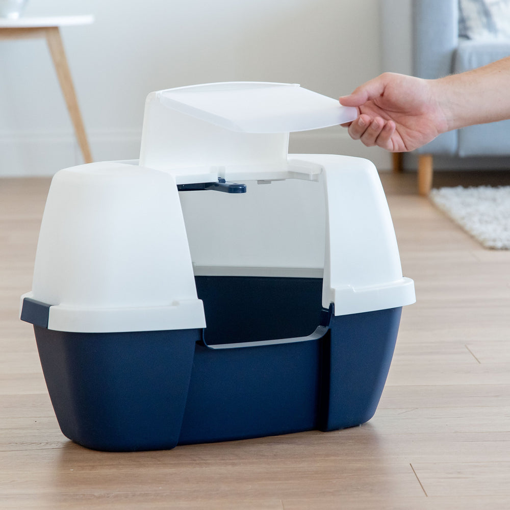 IRIS USA caja esquina para gatos, sistema de control de olores mantiene el área limpia.