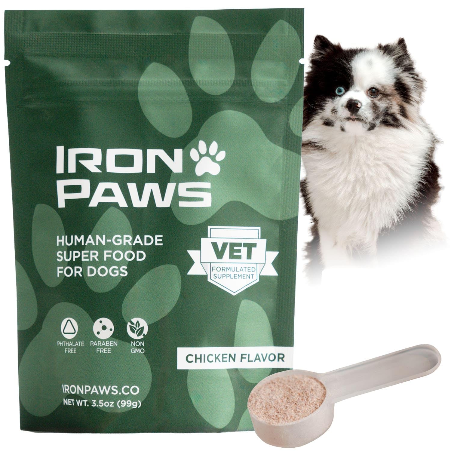 Iron Paws: bote de polvo verde para perros, apoyo nutricional diario.