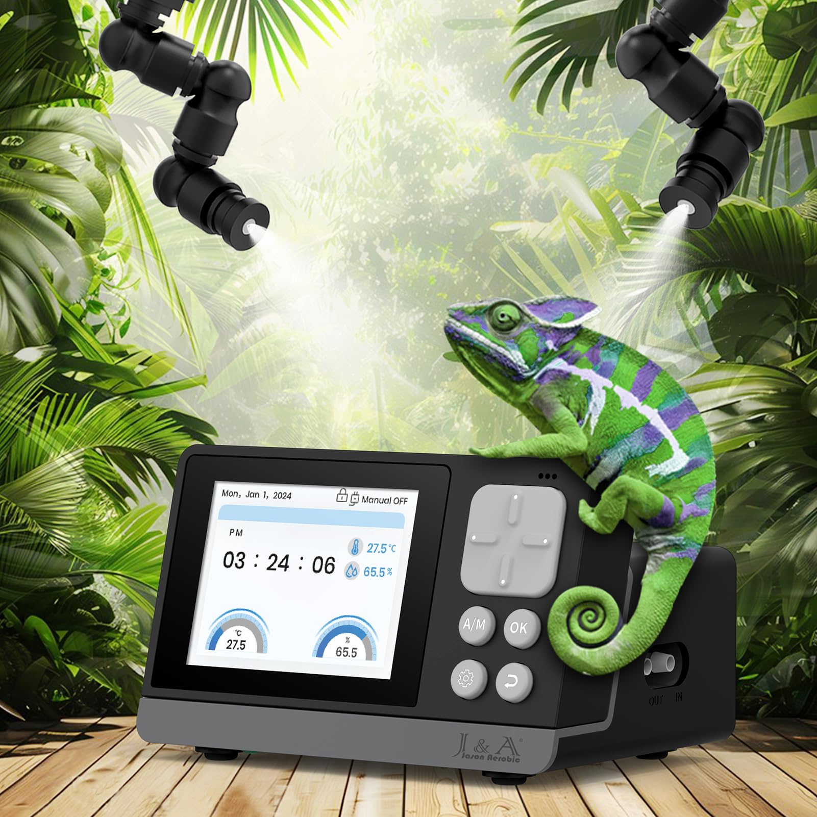 Mister automático para terrario de J&A Jason Aerobic, ideal para control de riego y ambiente.